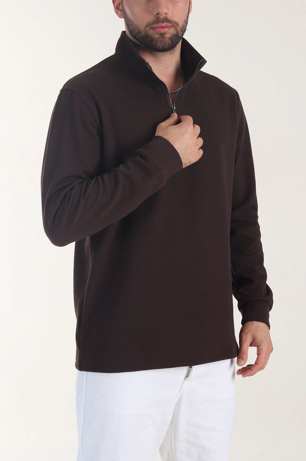 Kahverengi Yarım Fermuarlı Dik Yaka Dokulu Erkek Sweatshirt 406840