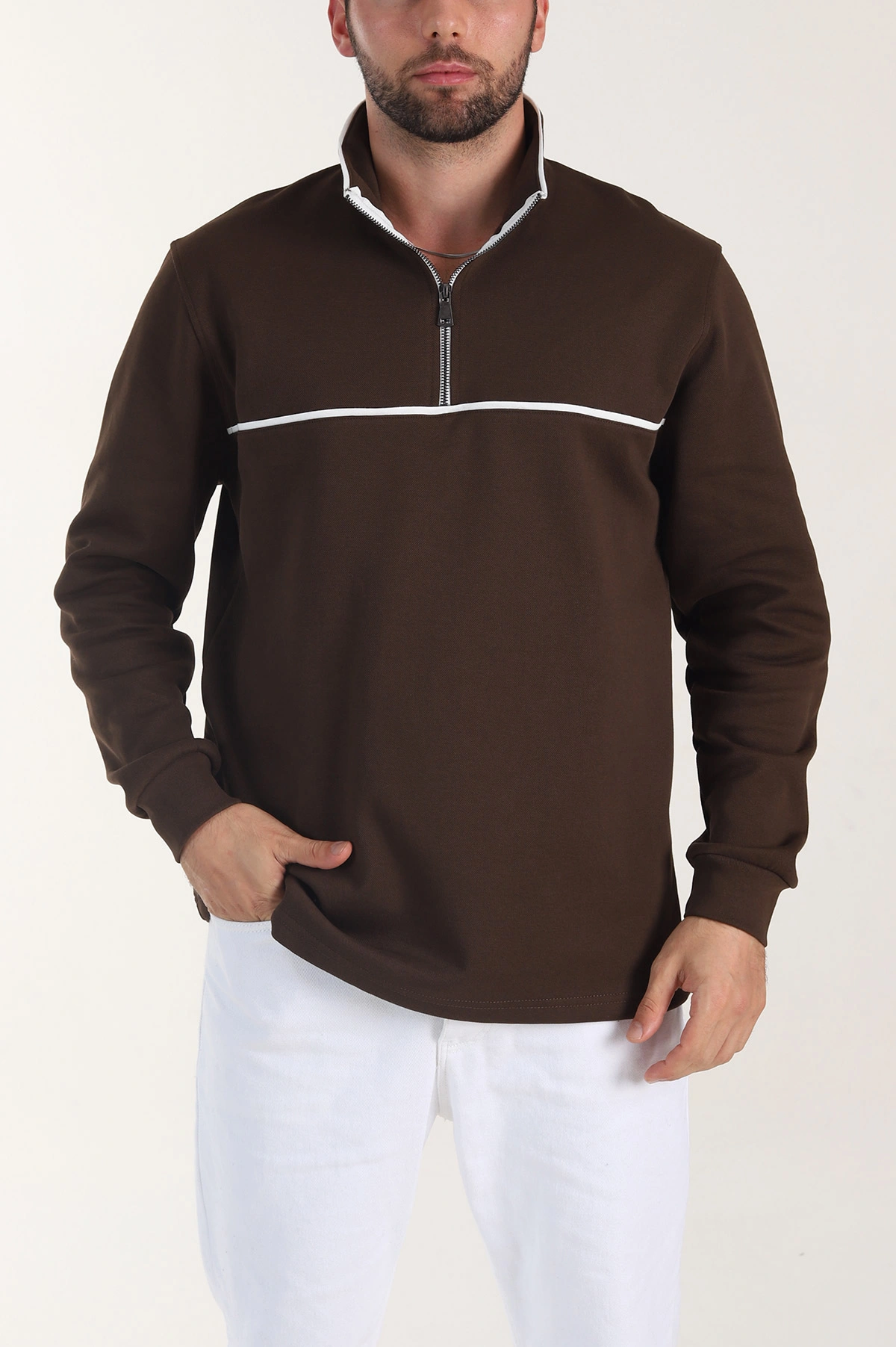 Kahverengi Yarım Fermuarlı Dik Yaka Erkek Sweatshirt 404821