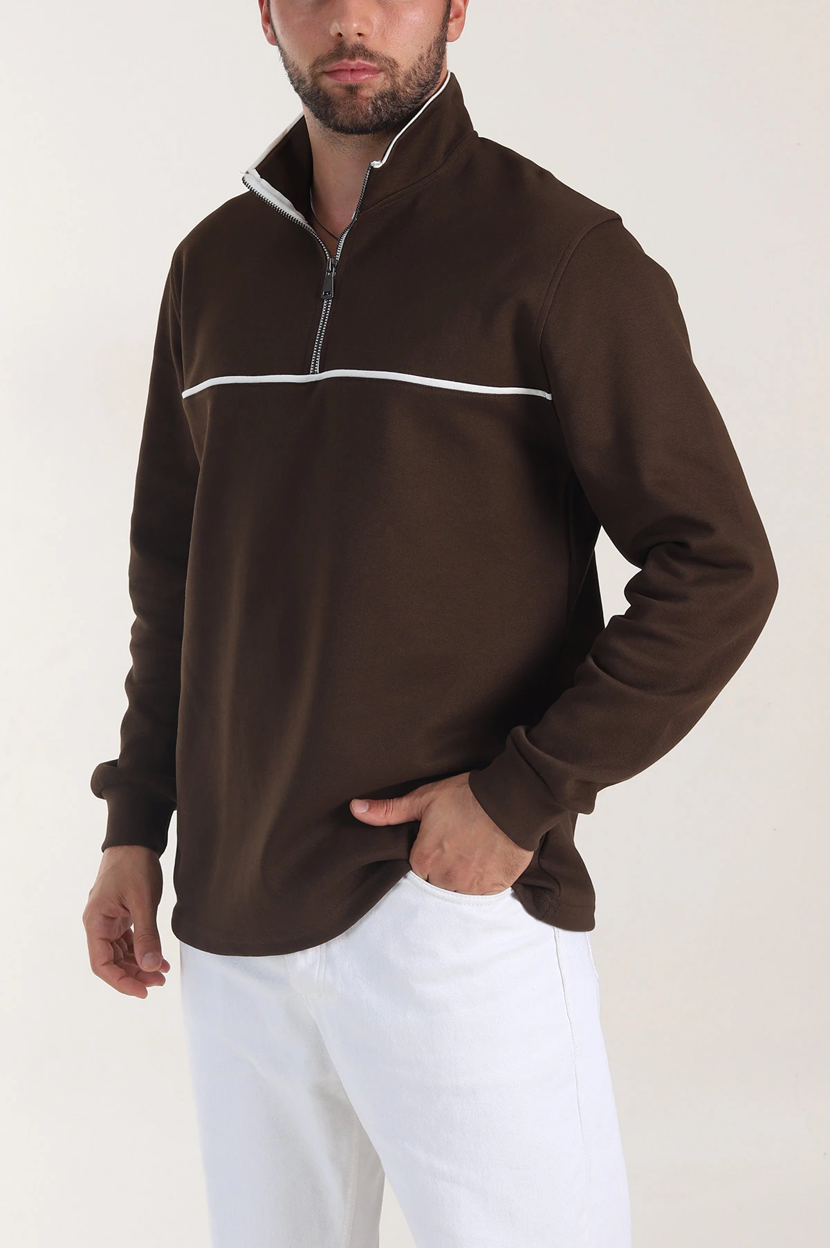 Kahverengi Yarım Fermuarlı Dik Yaka Erkek Sweatshirt 404821
