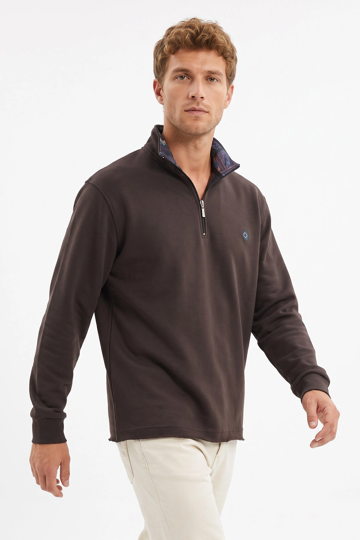 Kahverengi Yarım Fermuarlı Erkek Sweatshirt 499406