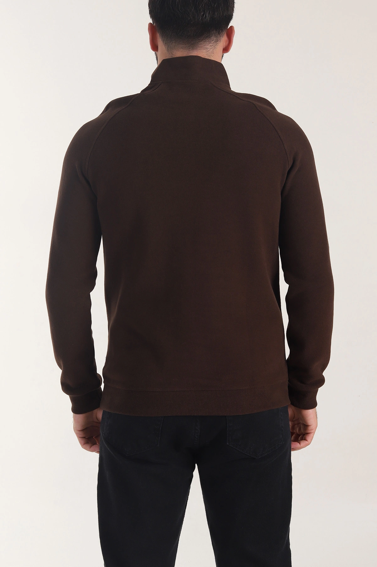 Kahverengi Yarım Fermuarlı Nakış Detaylı Erkek Sweatshirt 406851