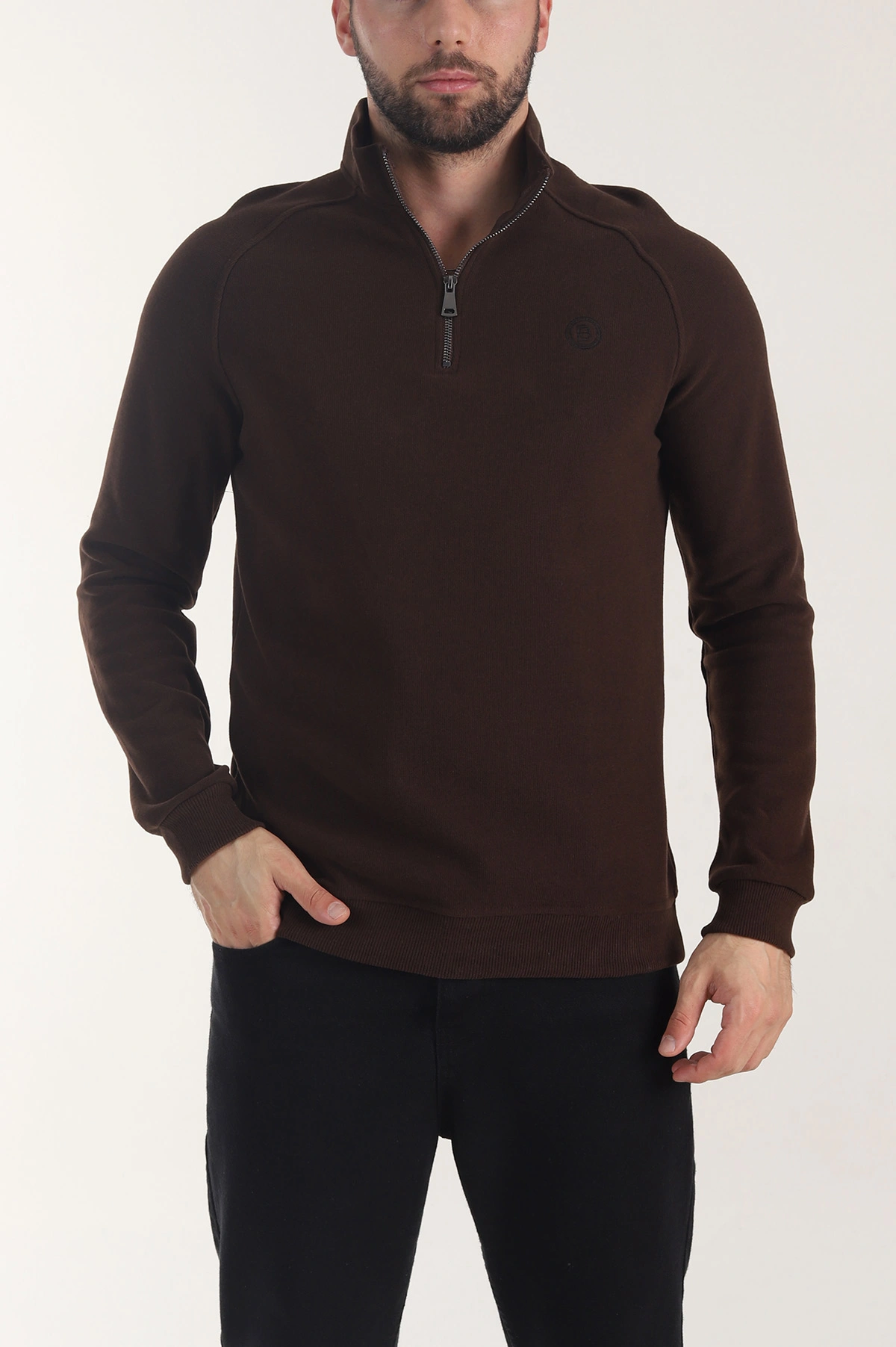 Kahverengi Yarım Fermuarlı Nakış Detaylı Erkek Sweatshirt 406851