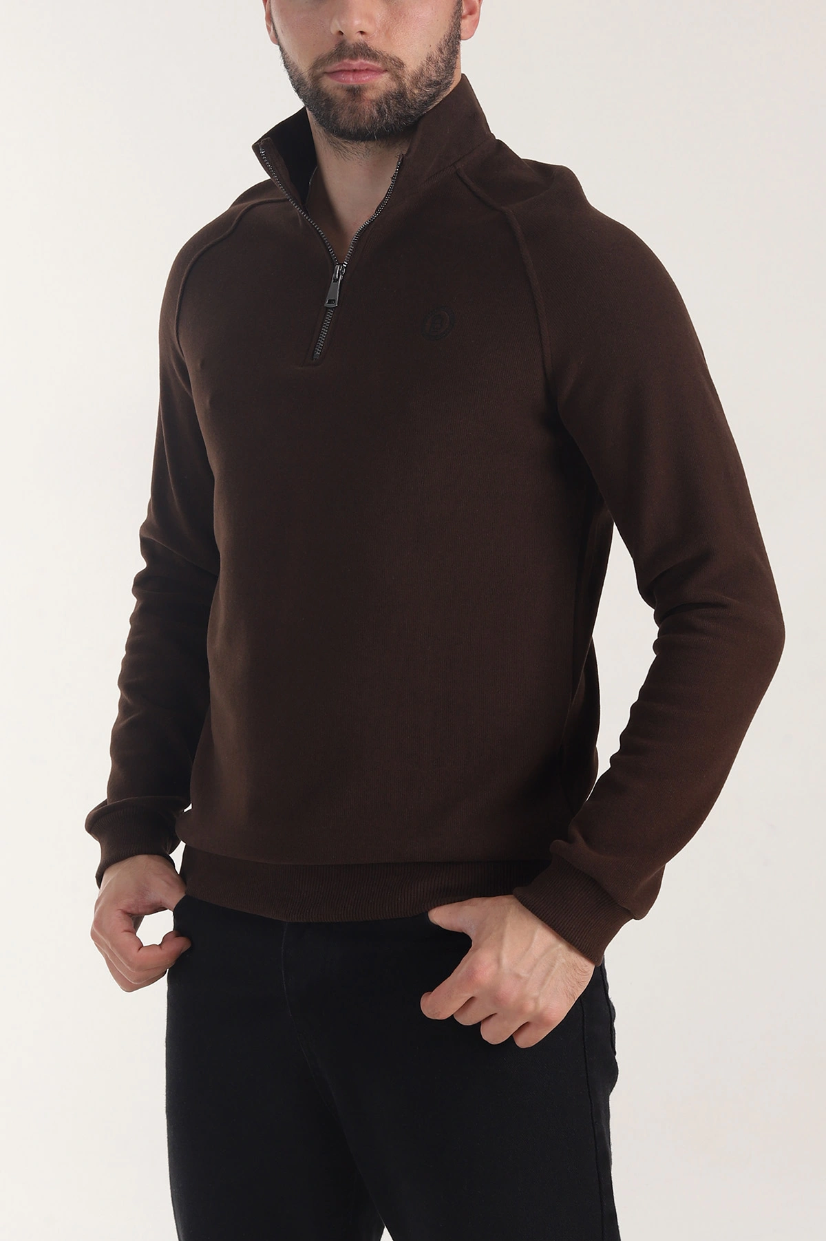 Kahverengi Yarım Fermuarlı Nakış Detaylı Erkek Sweatshirt 406851