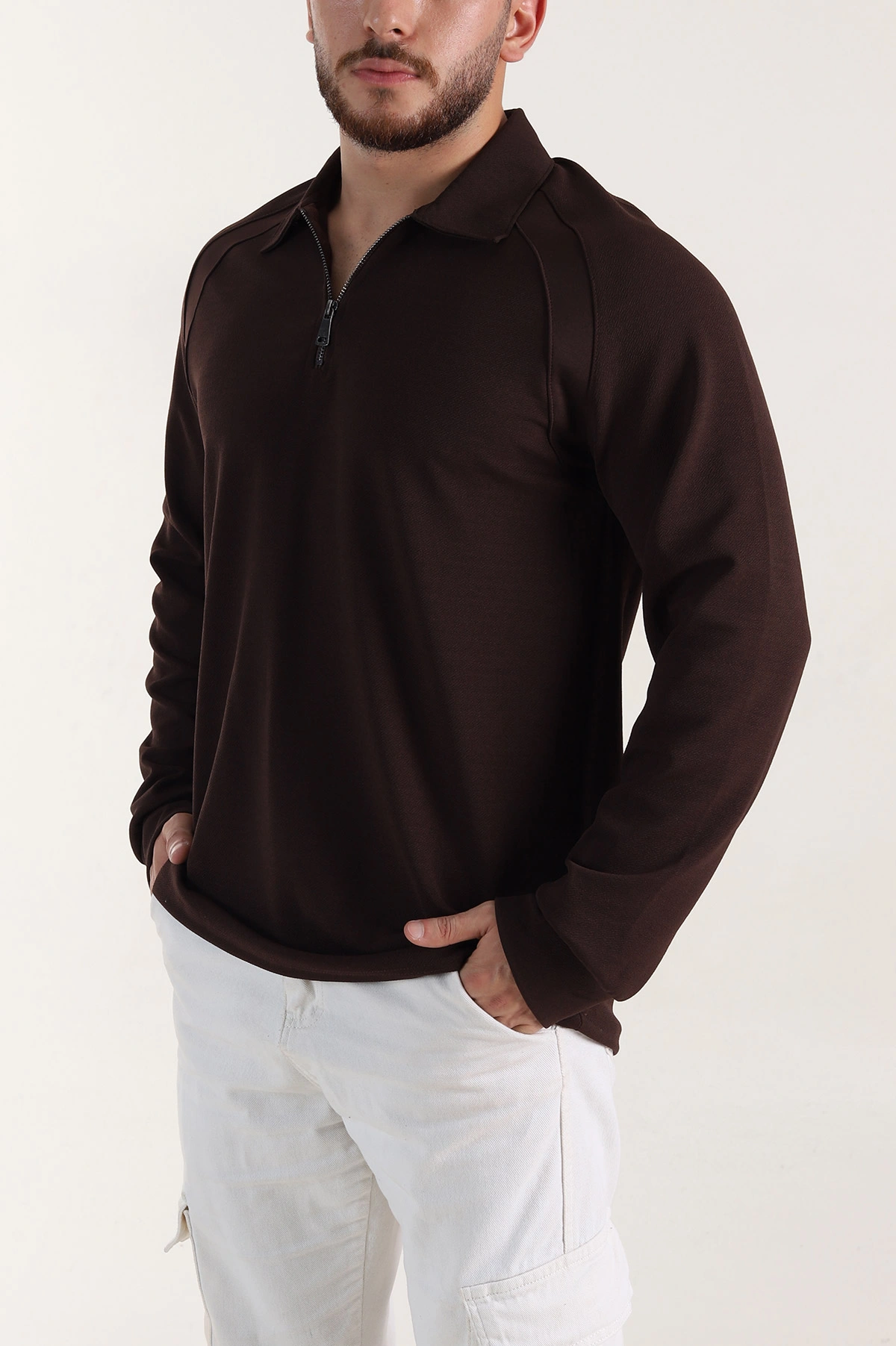 Kahverengi Yarım Fermuarlı Polo Yaka Erkek Sweatshirt 397125