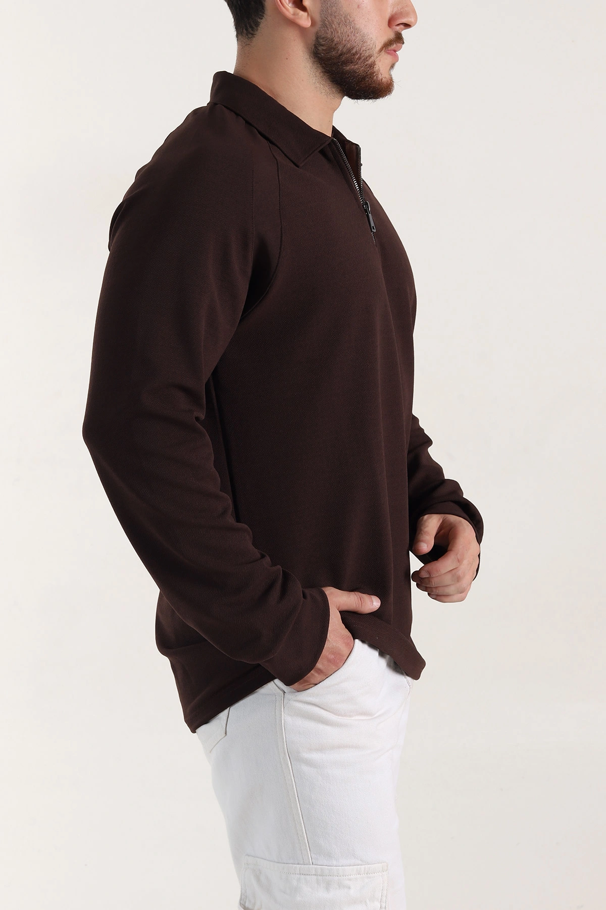 Kahverengi Yarım Fermuarlı Polo Yaka Erkek Sweatshirt 397125