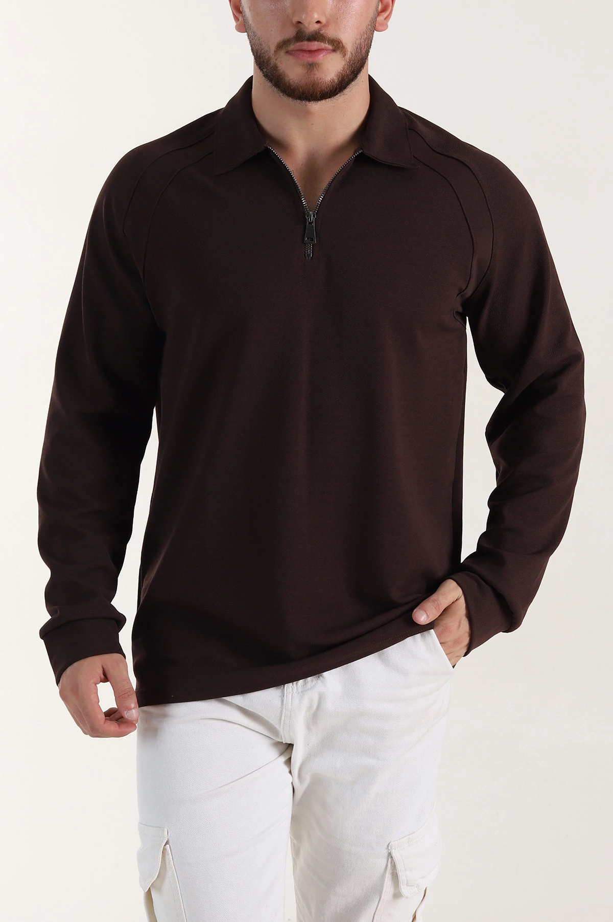 Kahverengi Yarım Fermuarlı Polo Yaka Erkek Sweatshirt 397125