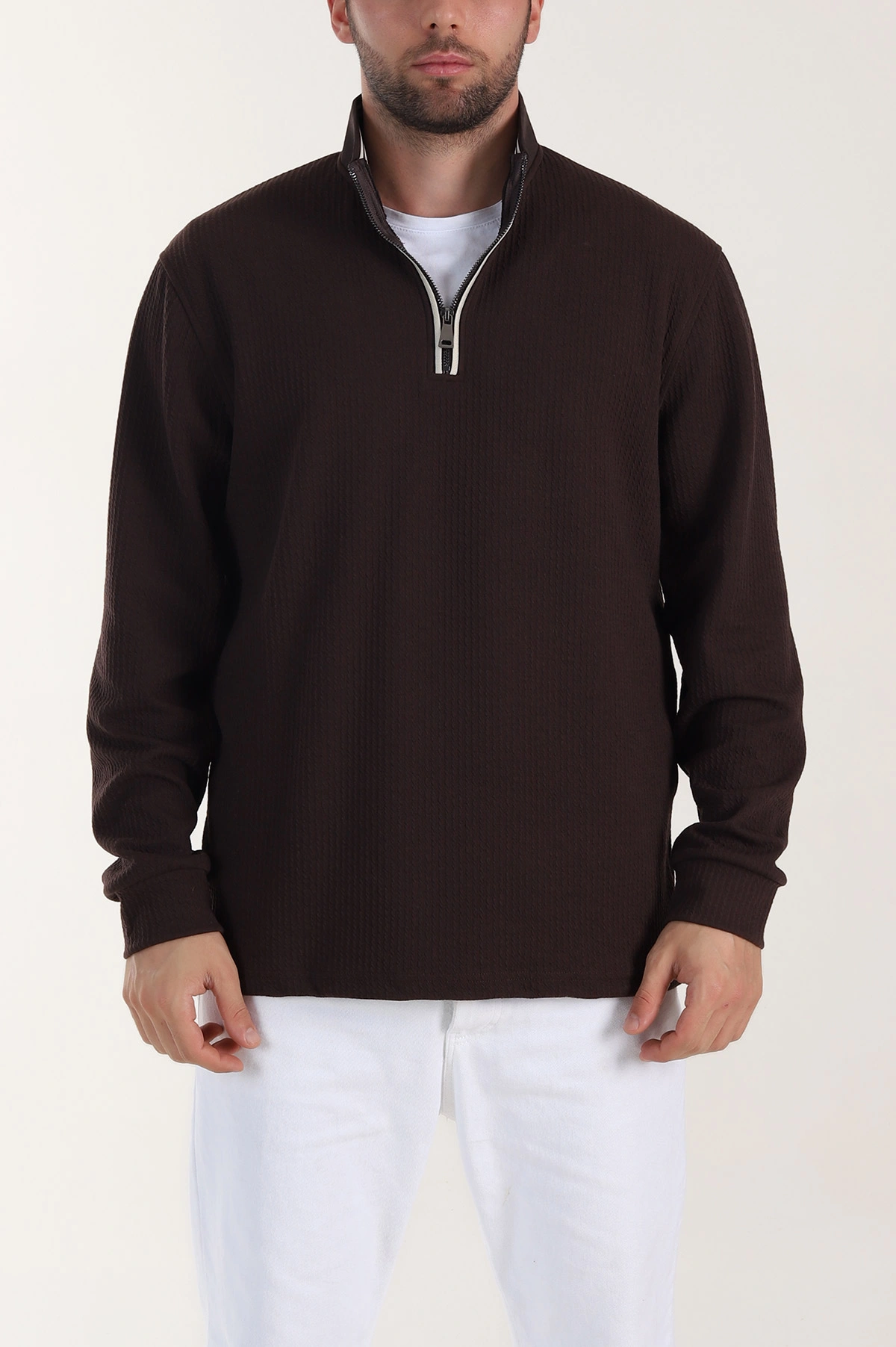 Kahverengi Yarım Fermuarlı Polo Yaka Erkek Sweatshirt 410870