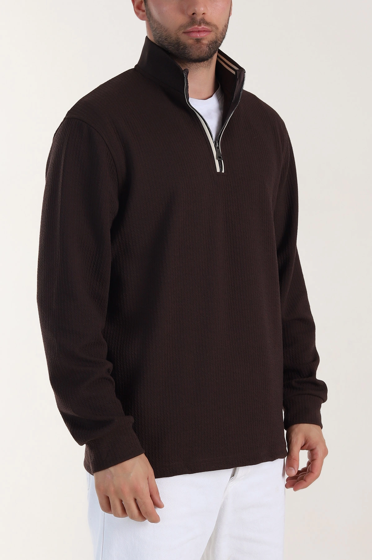 Kahverengi Yarım Fermuarlı Polo Yaka Erkek Sweatshirt 410870