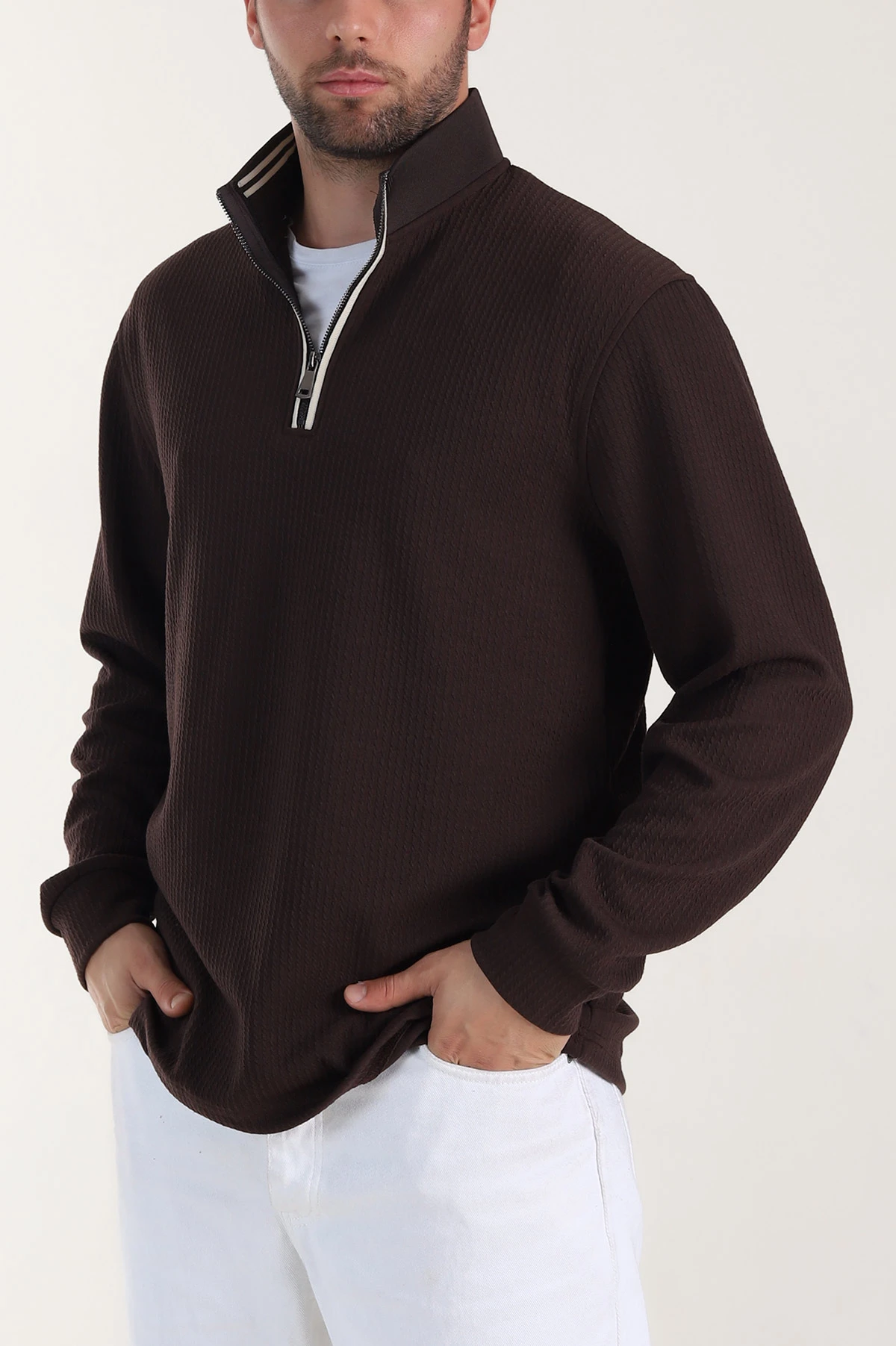 Kahverengi Yarım Fermuarlı Polo Yaka Erkek Sweatshirt 410870