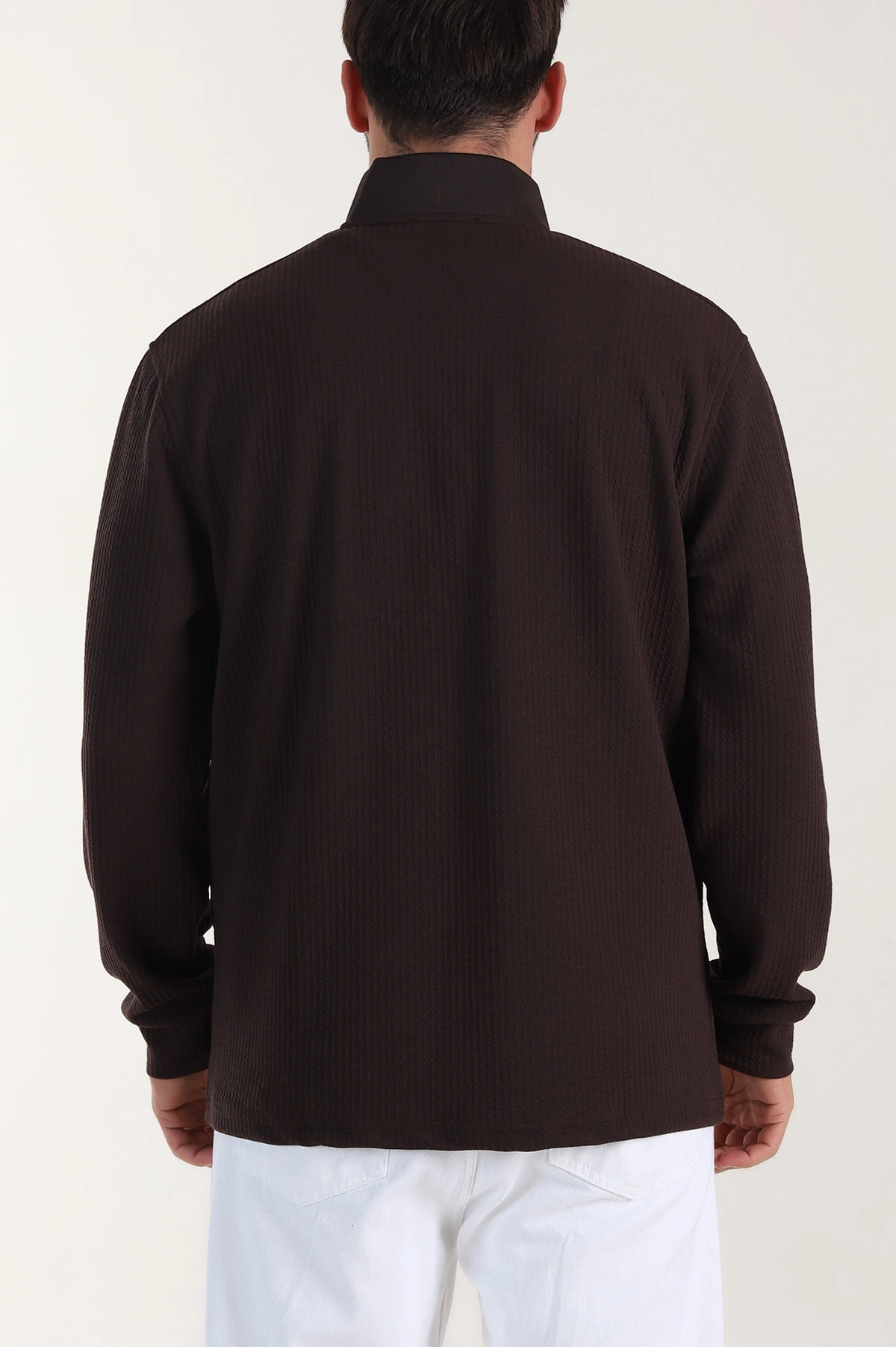 Kahverengi Yarım Fermuarlı Polo Yaka Erkek Sweatshirt 410870