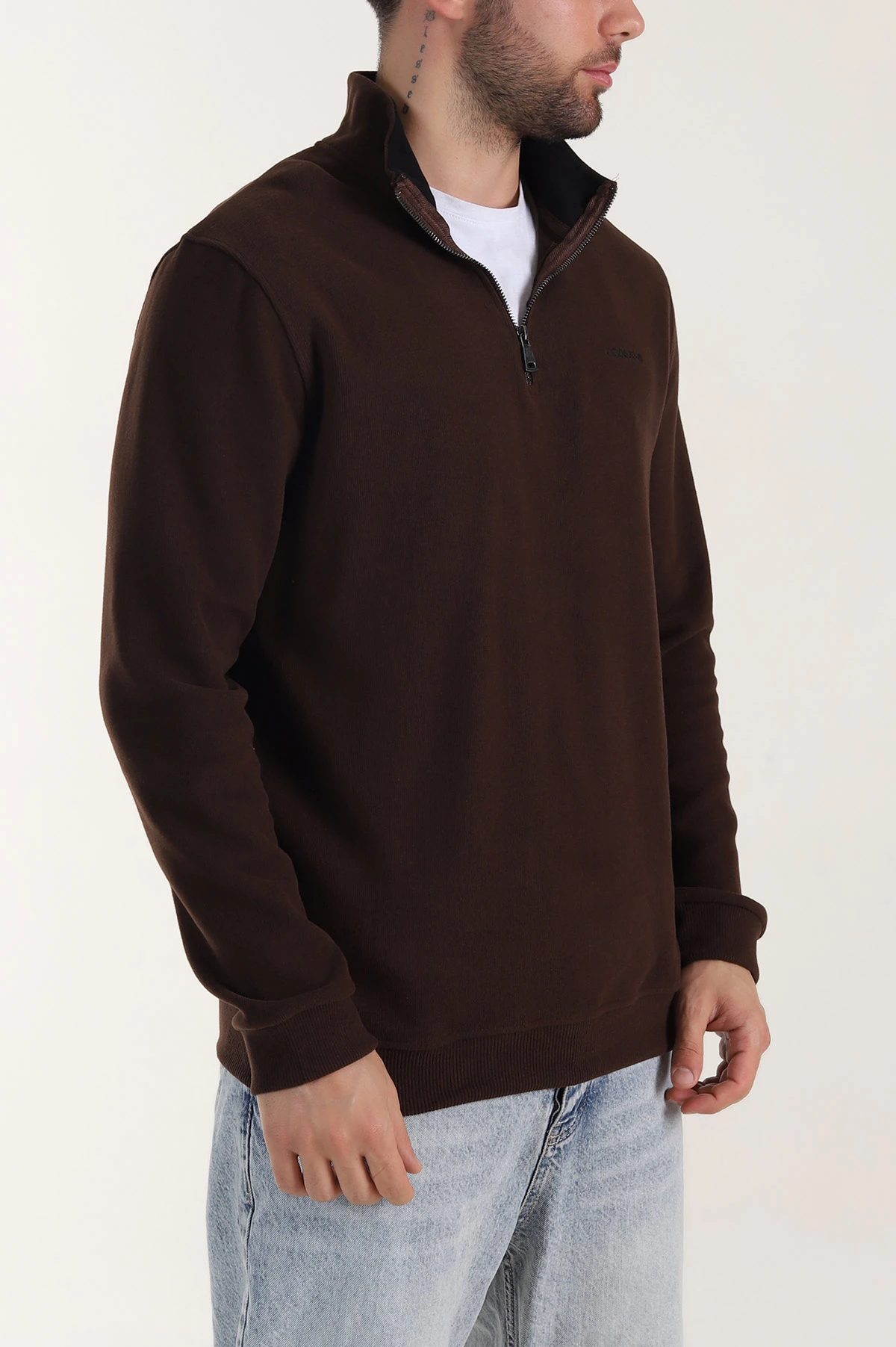 Kahverengi Yarım Fermuarlı Polo Yaka Erkek Sweatshirt 410878