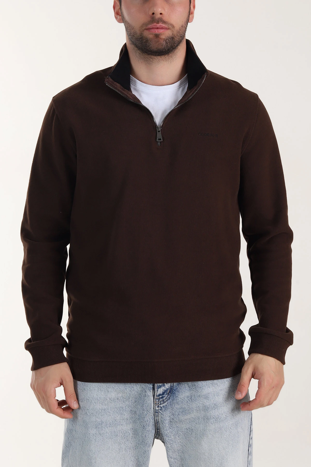Kahverengi Yarım Fermuarlı Polo Yaka Erkek Sweatshirt 410878