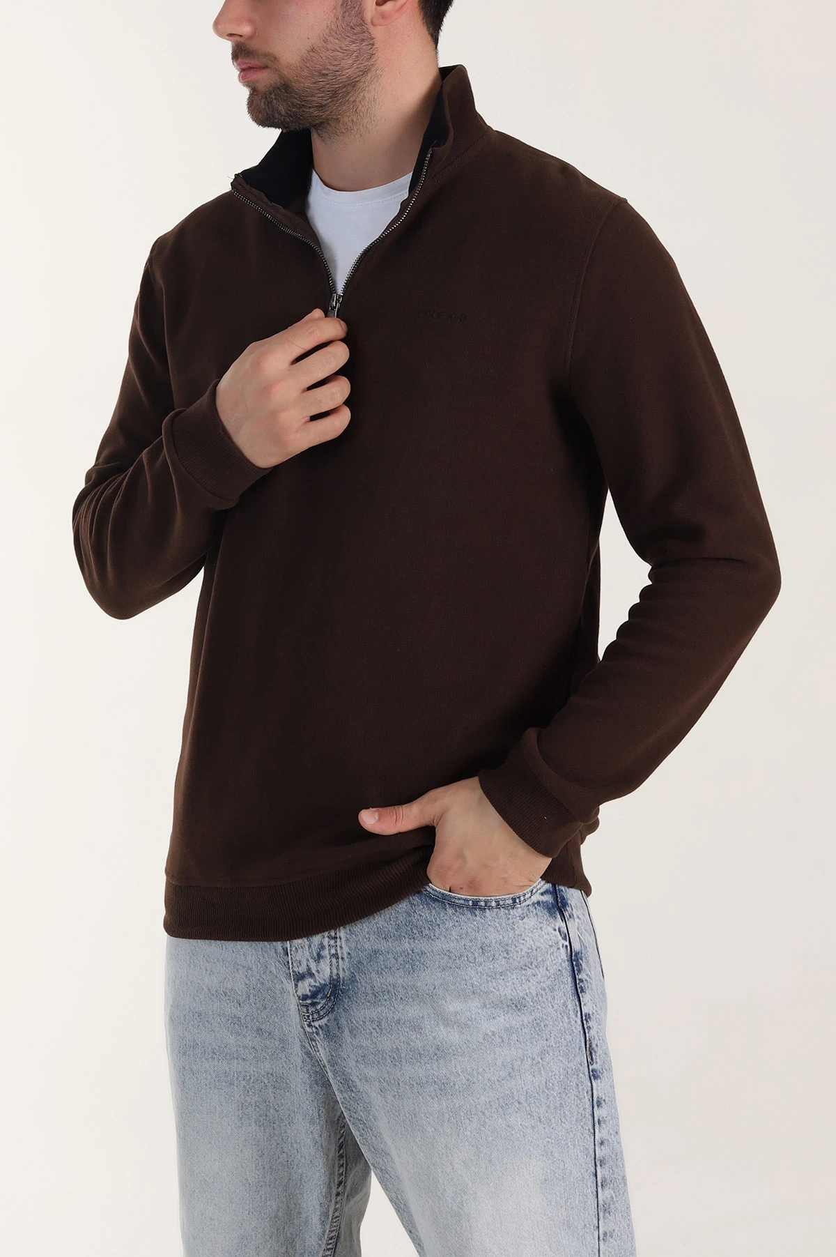 Kahverengi Yarım Fermuarlı Polo Yaka Erkek Sweatshirt 410878