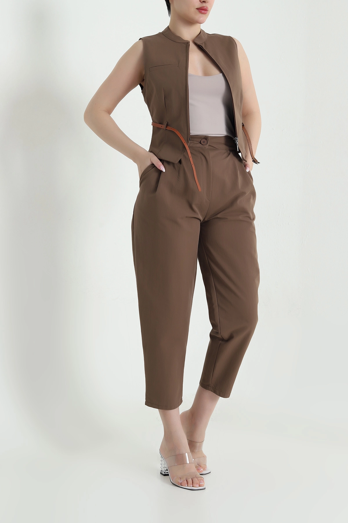 Kahverengi Yelek Pantolon Larimar Kadın İkili Takım 457090