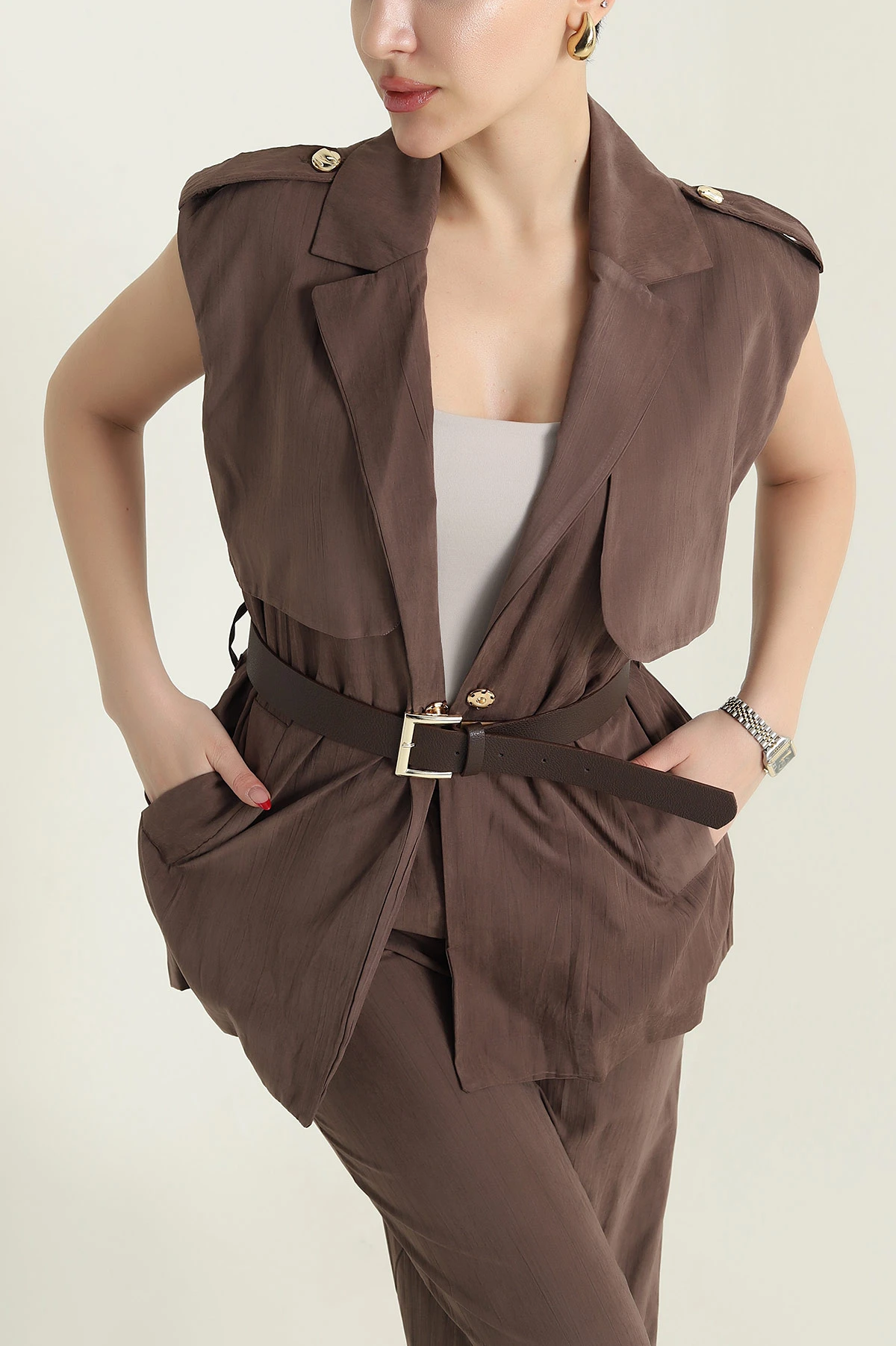 Kahverengi Yelek Pantolon Modal Kadın İkili Takım 436823