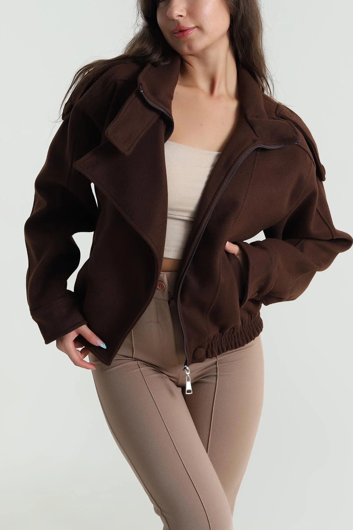 Kahverengi Yeni Sezon Biker Kaşe Kadın Mont 484493