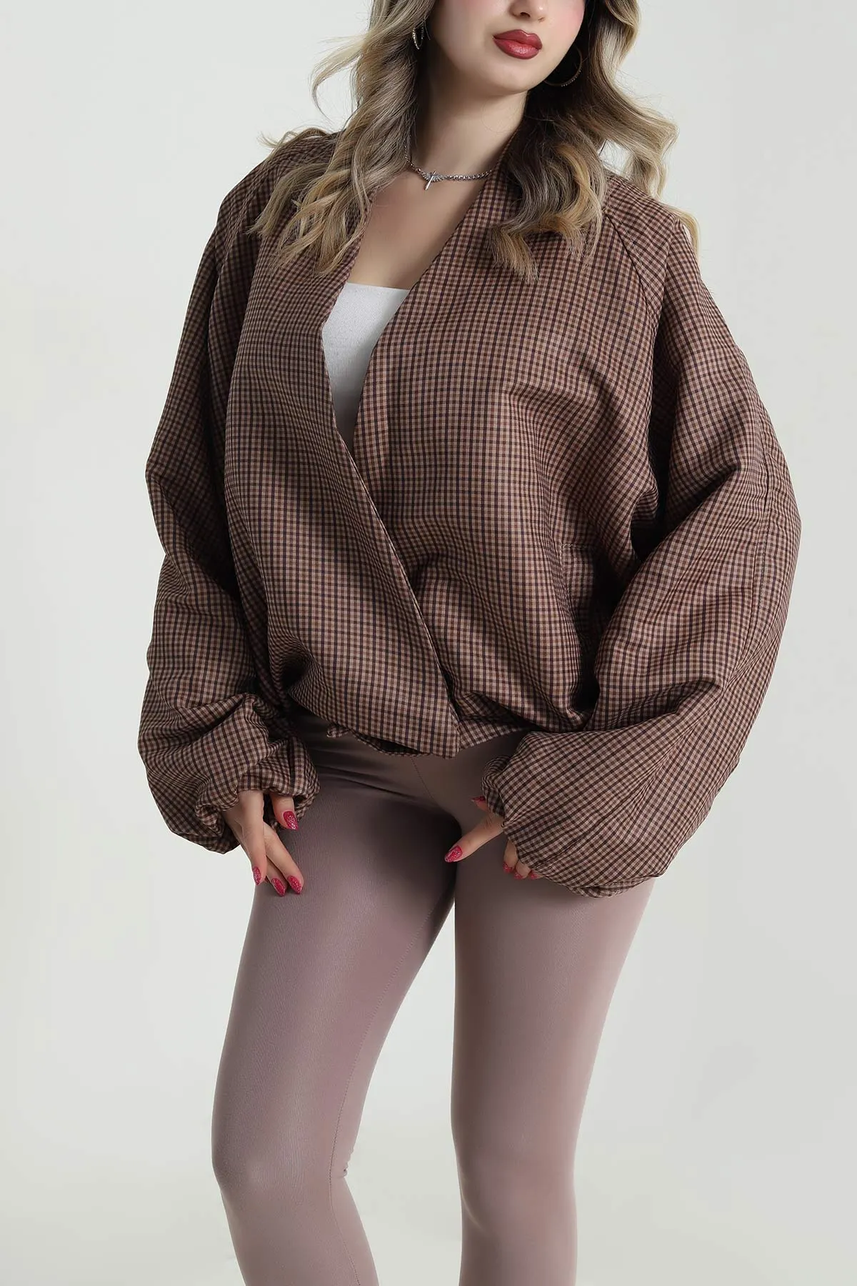 Kahverengi Yeni Sezon Ekose Bomber Kadın Mevsimlik Mont 493903