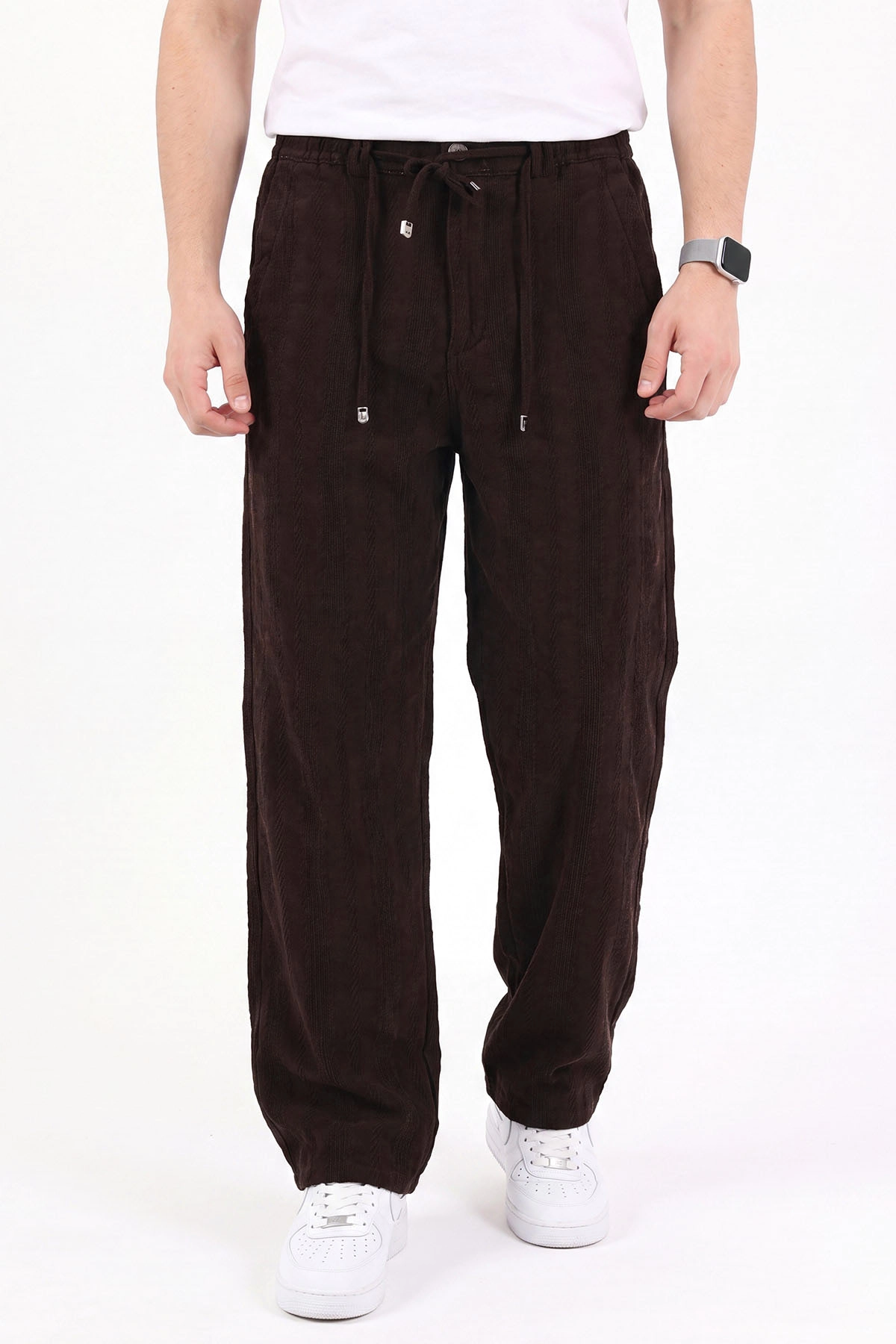 Kahverengi Yeni Sezon Keten Baggy Belden Bağlamalı Erkek Pantolon 471914