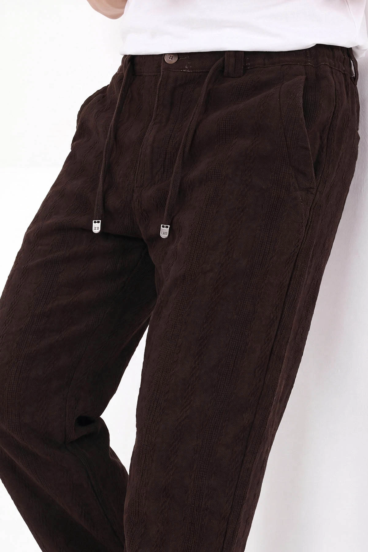 Kahverengi Yeni Sezon Keten Baggy Belden Bağlamalı Erkek Pantolon 471914