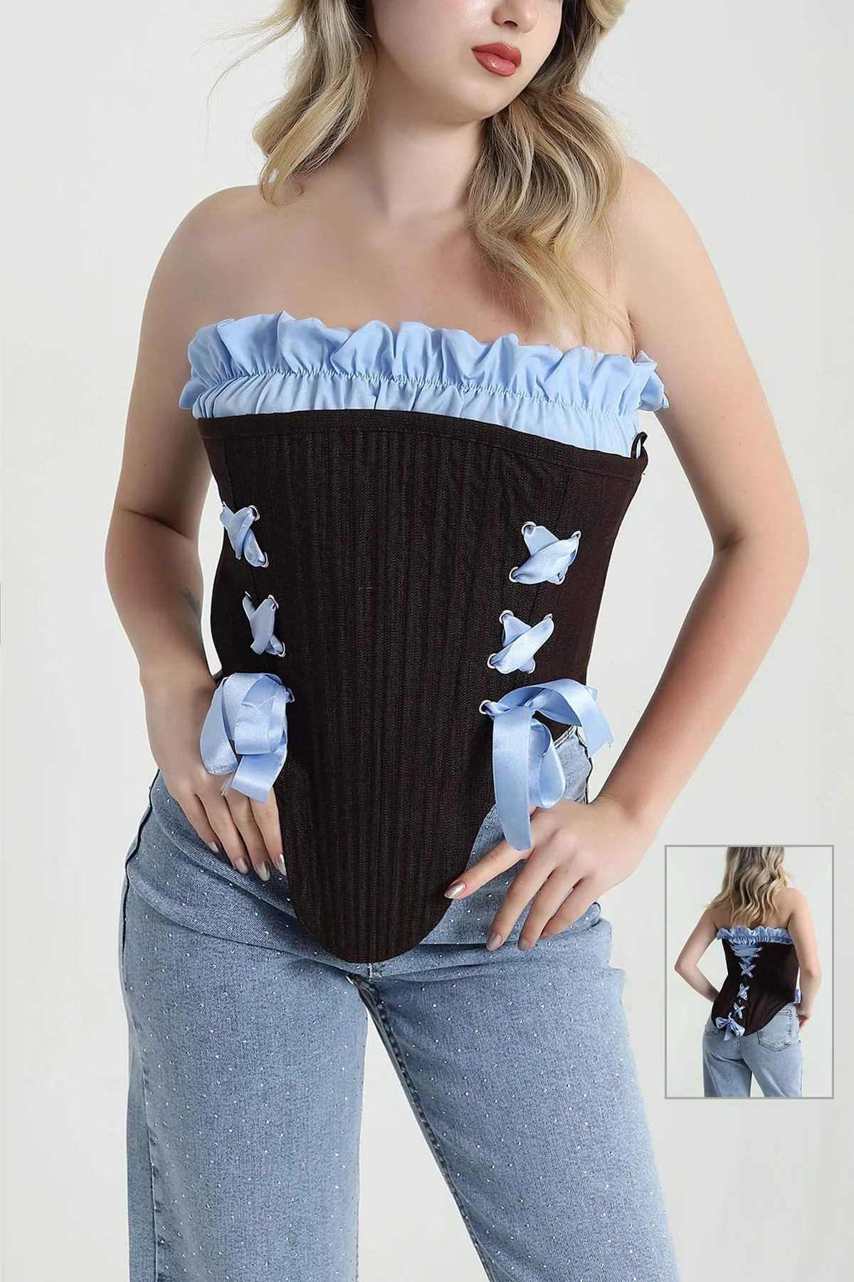 Kahverengi Yeni Sezon Premium Balenli Kadın Tensel Kot Korse 462375