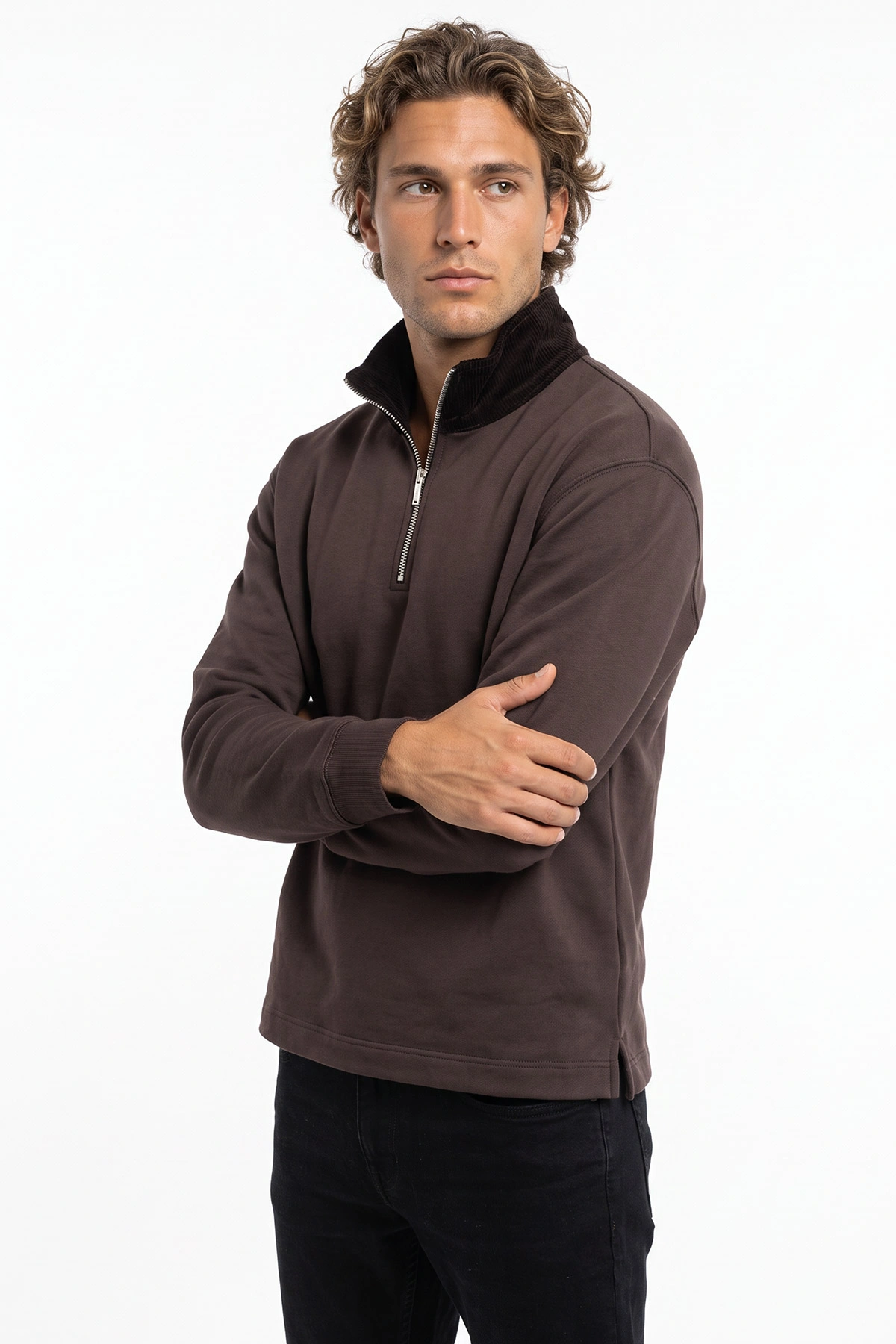 Kahverengi Yeni Sezon Yarım Fermuarlı Erkek Sweatshirt 501129