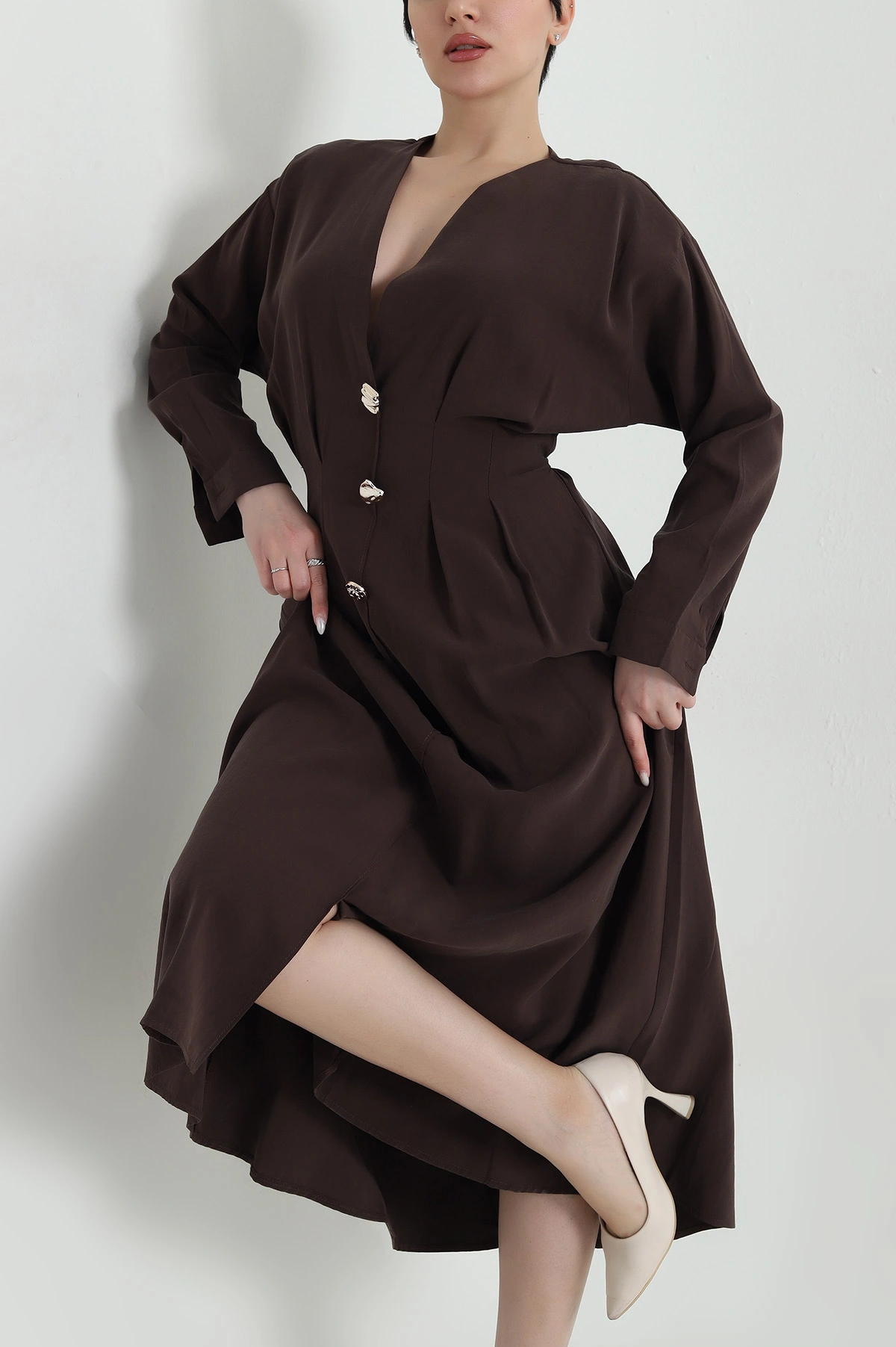 Kahverengi Yırtmaçlı Tencel Kadın Elbise 449039