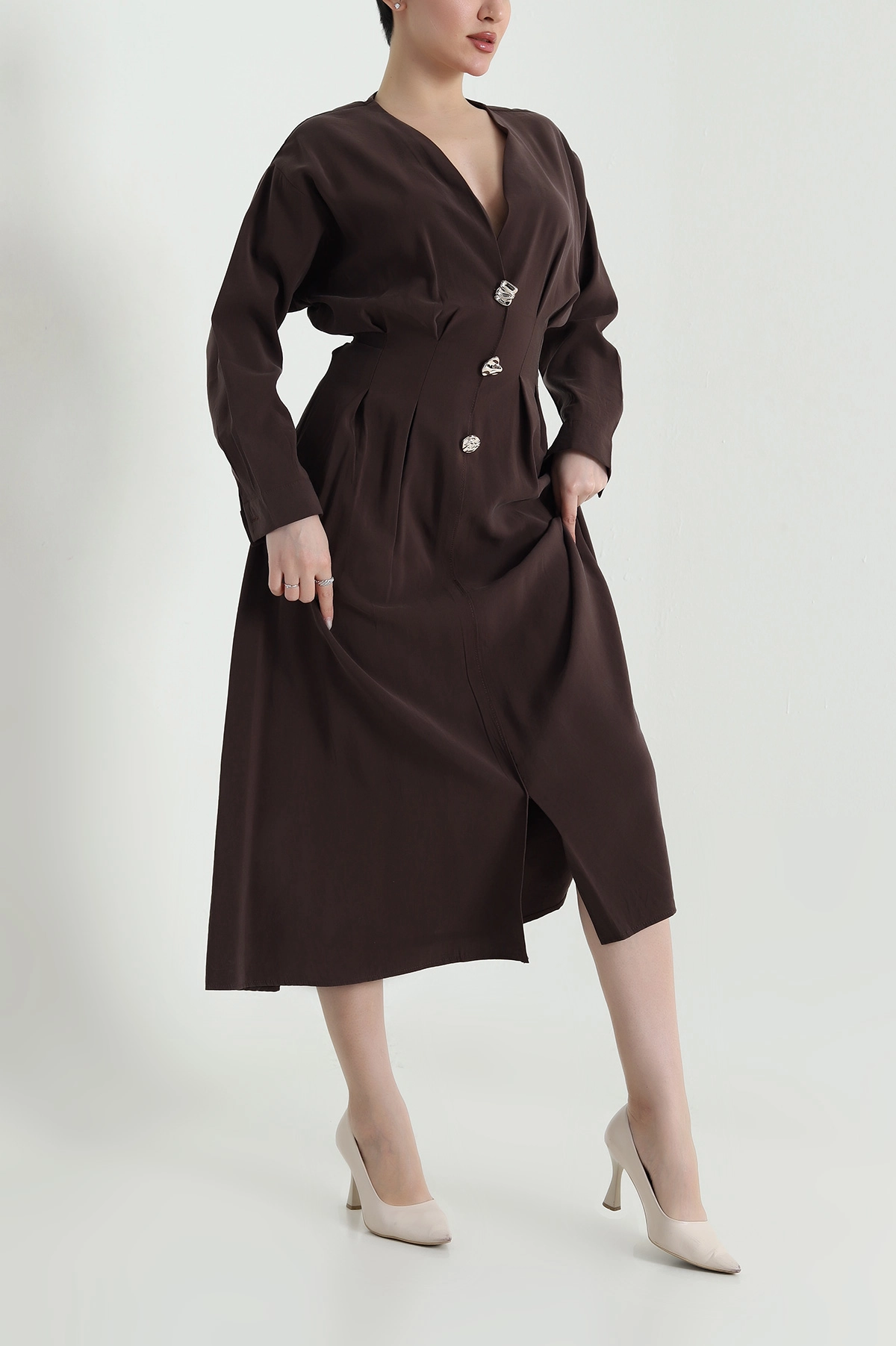 Kahverengi Yırtmaçlı Tencel Kadın Elbise 449039