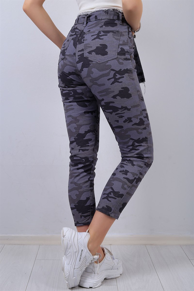 Kamuflaj Desen Kemerli Mom Kot Pantolon 13785B
