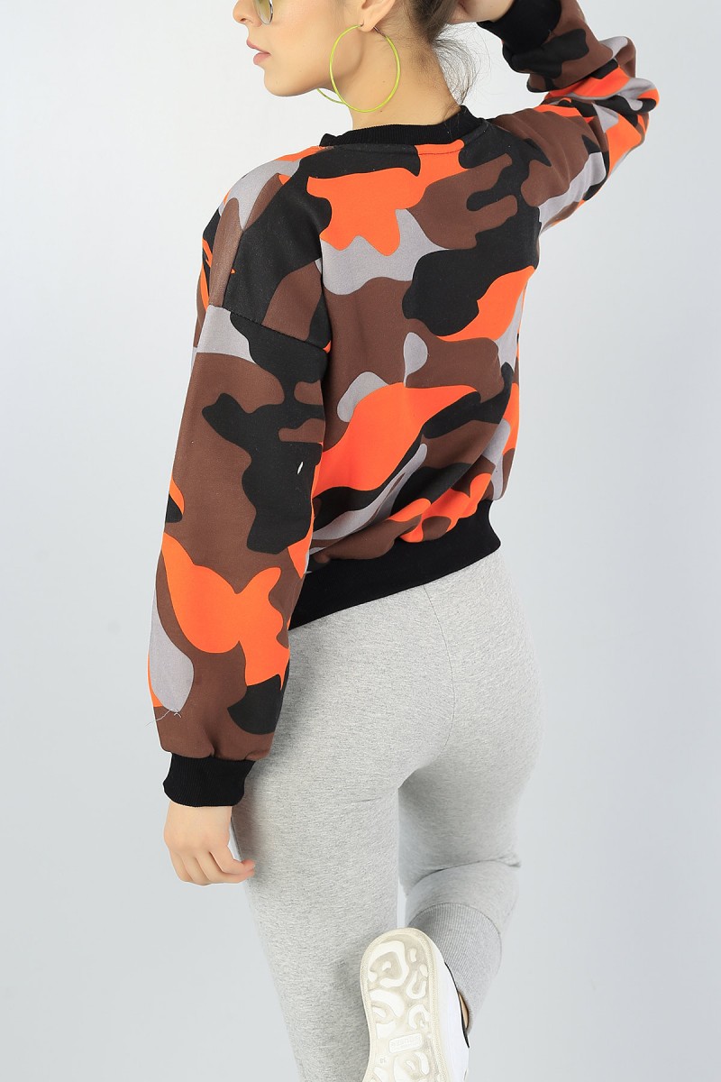 Kamuflaj Desenli İçi Şardonlu Bayan Sweat 53418