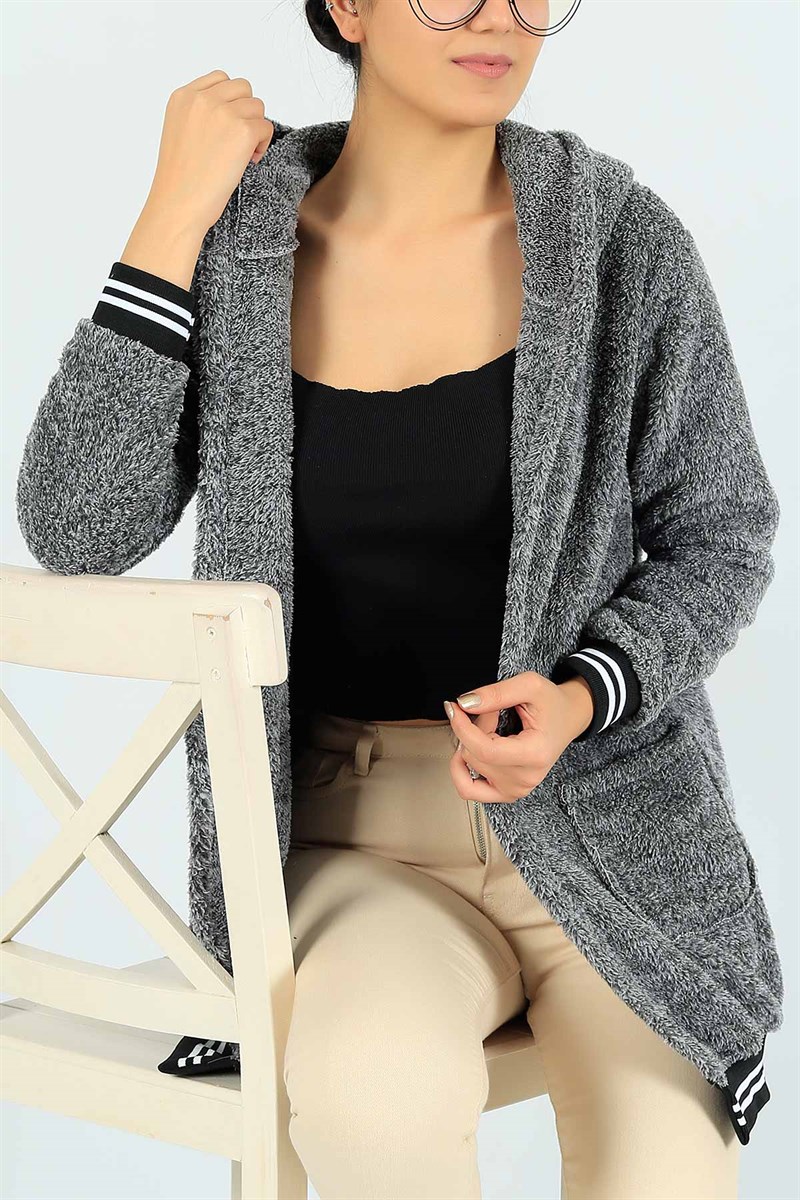 Kapüşonlu Antrasit Peluş Hırka 24769B
