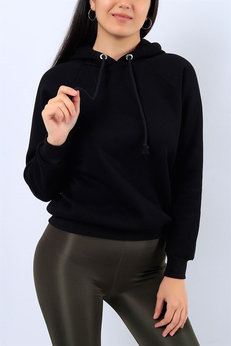 Kapüşonlu İçi Şardonlu Siyah Bayan Sweat 41898