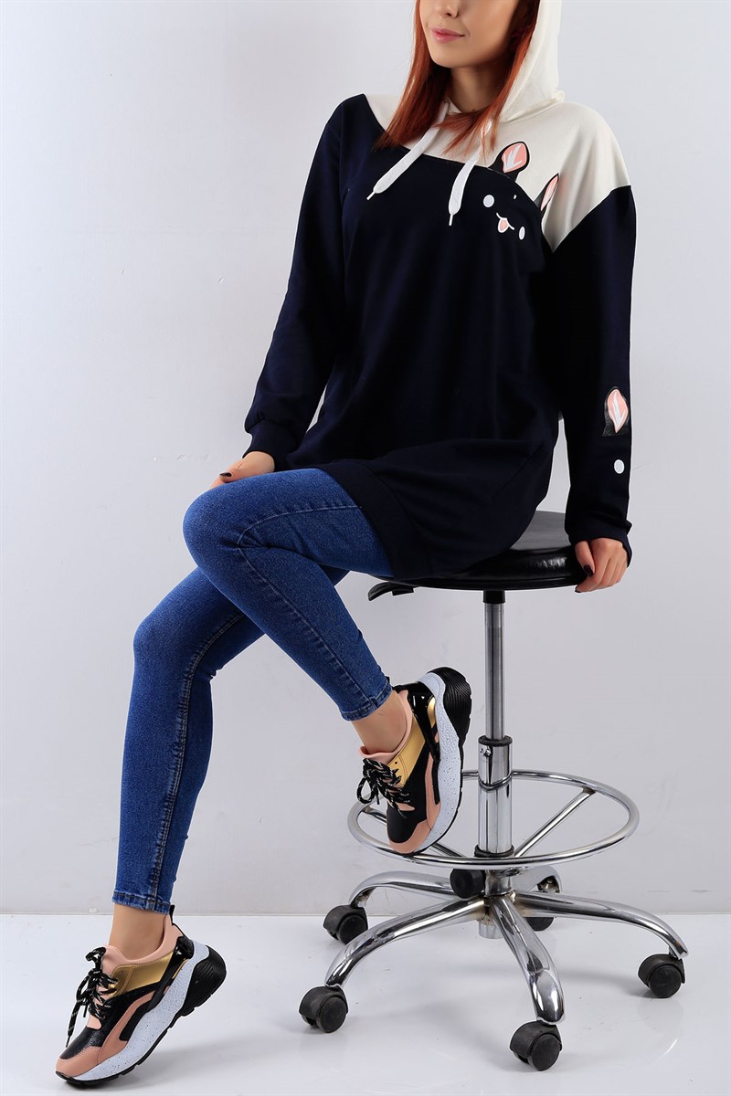 Kapüşonlu Lacivert Bayan Sweat 19424B
