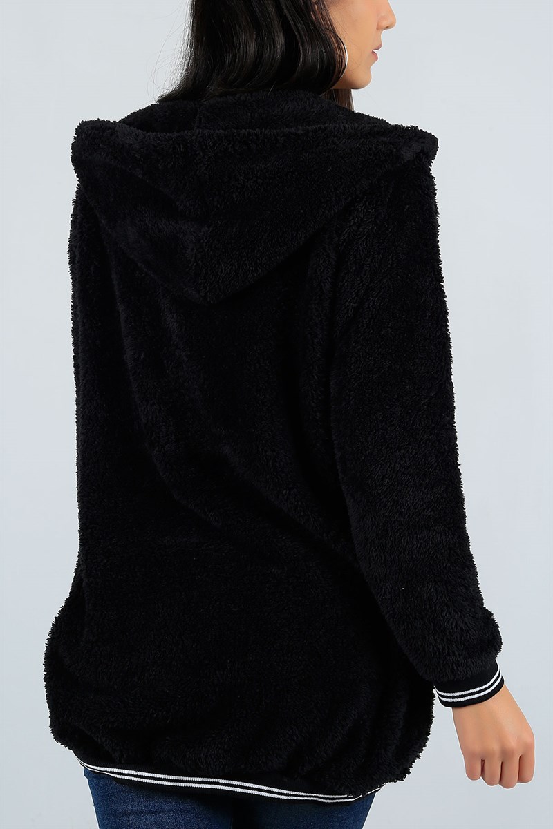 Kapüşonlu Peluş Siyah Bayan Mont 22962B