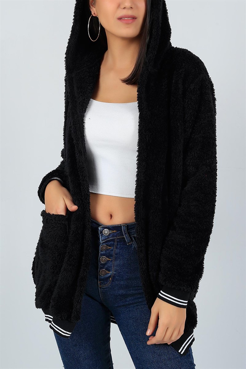 Kapüşonlu Peluş Siyah Bayan Mont 22962B