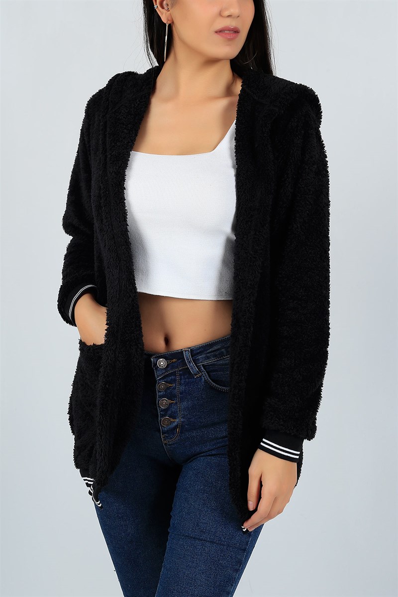Kapüşonlu Peluş Siyah Bayan Mont 22962B