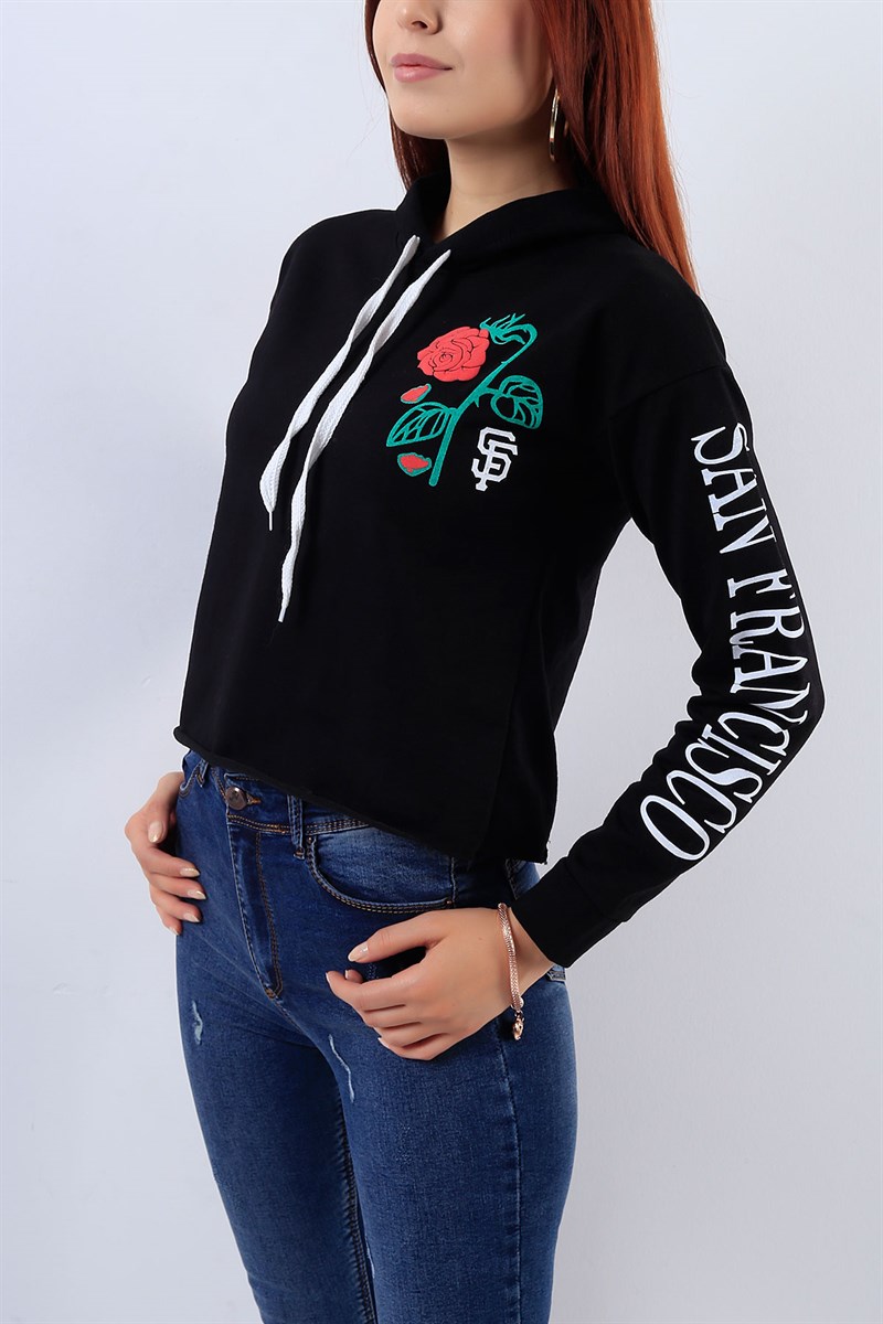 Kapüşonlu Siyah Bayan Sweat 17970B