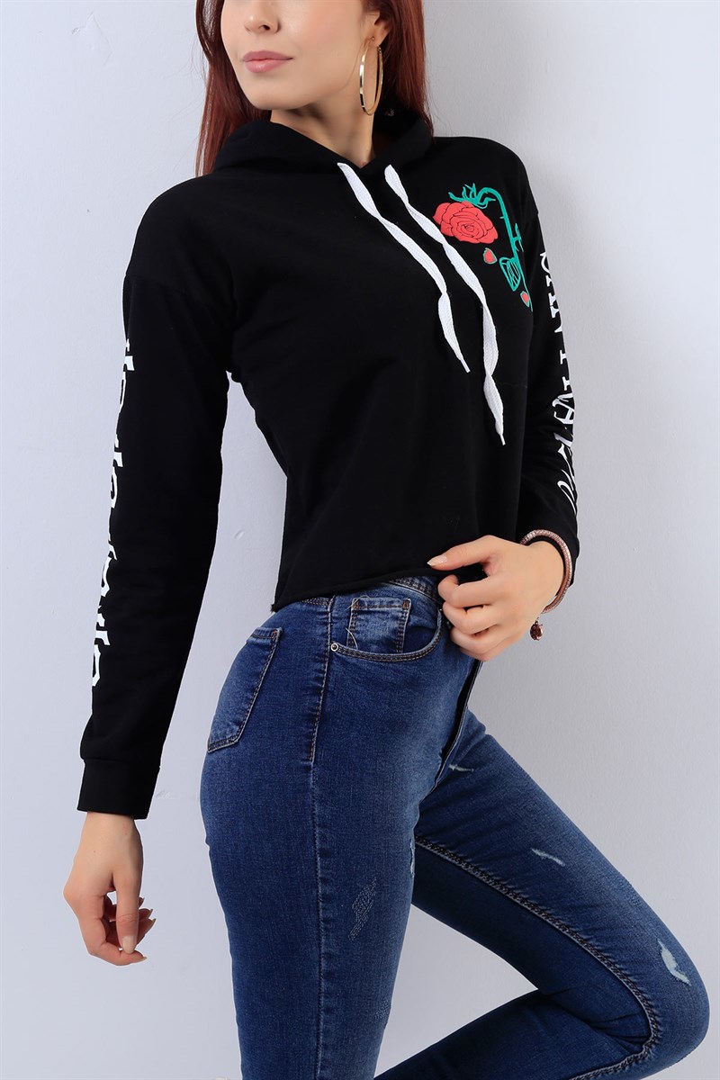 Kapüşonlu Siyah Bayan Sweat 17970B