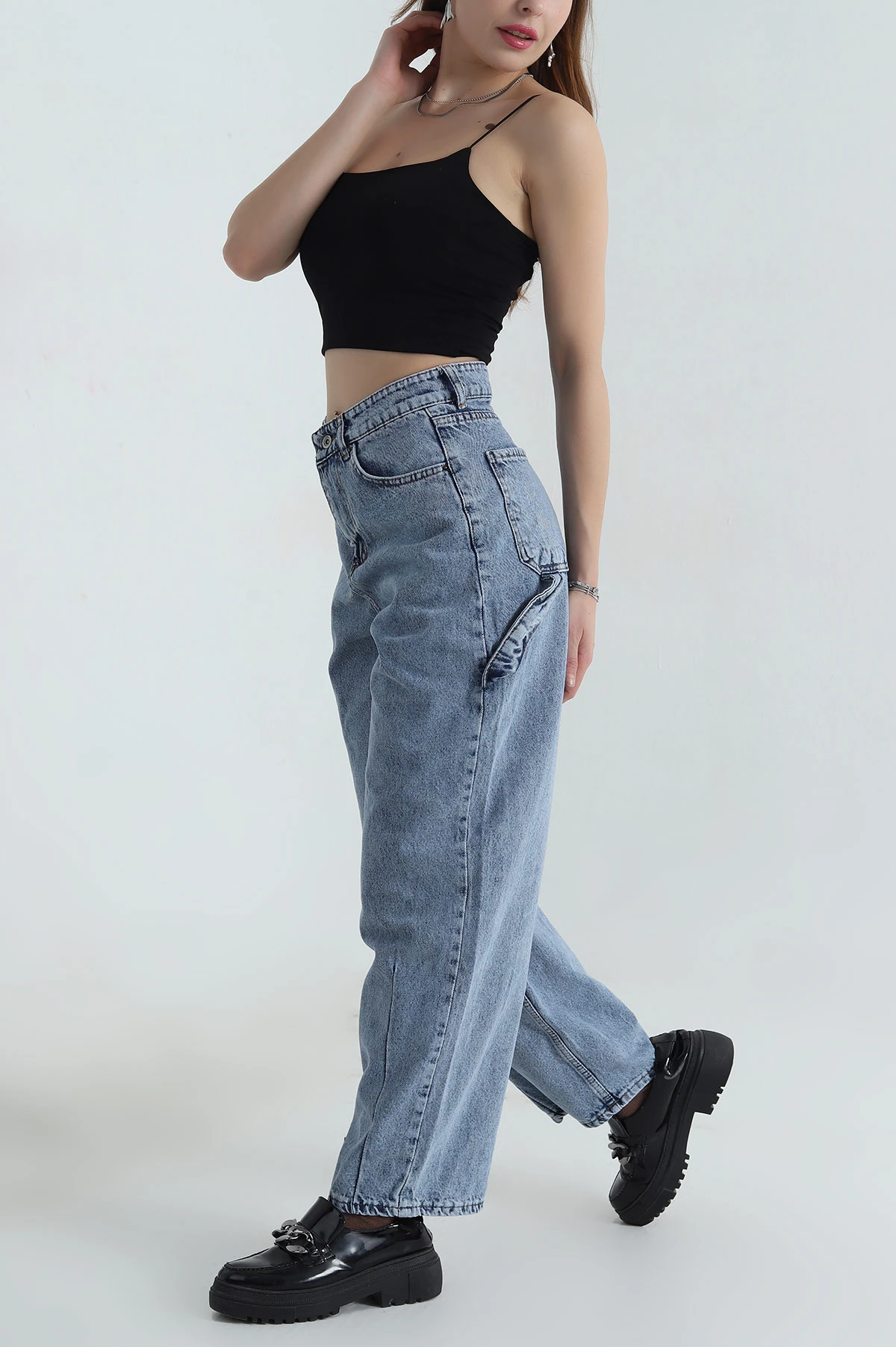 Kar Yıkama Baggy Cepli Kadın Kot Pantolon 412728