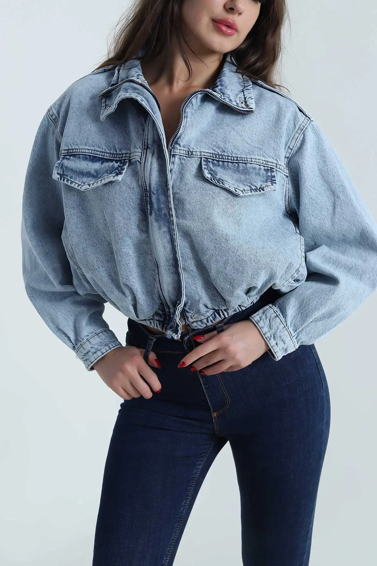 Kar Yıkama Beli Lastikli Bomber Kadın Kot Ceket 493472