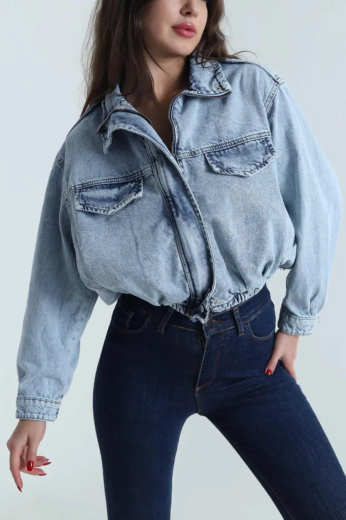 Kar Yıkama Beli Lastikli Bomber Kadın Kot Ceket 493472