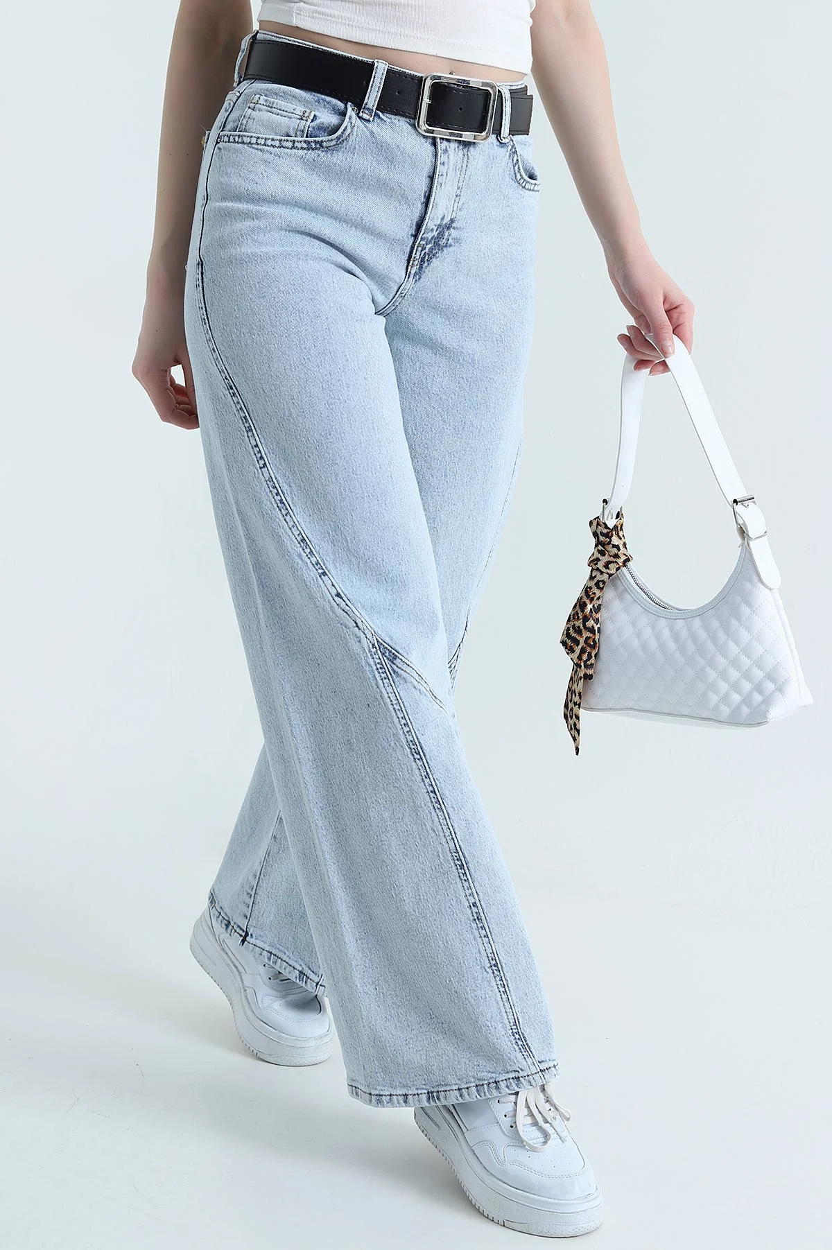 Kar Yıkama Cepli Kemerli Baggy Kadın Kot Pantolon 439848