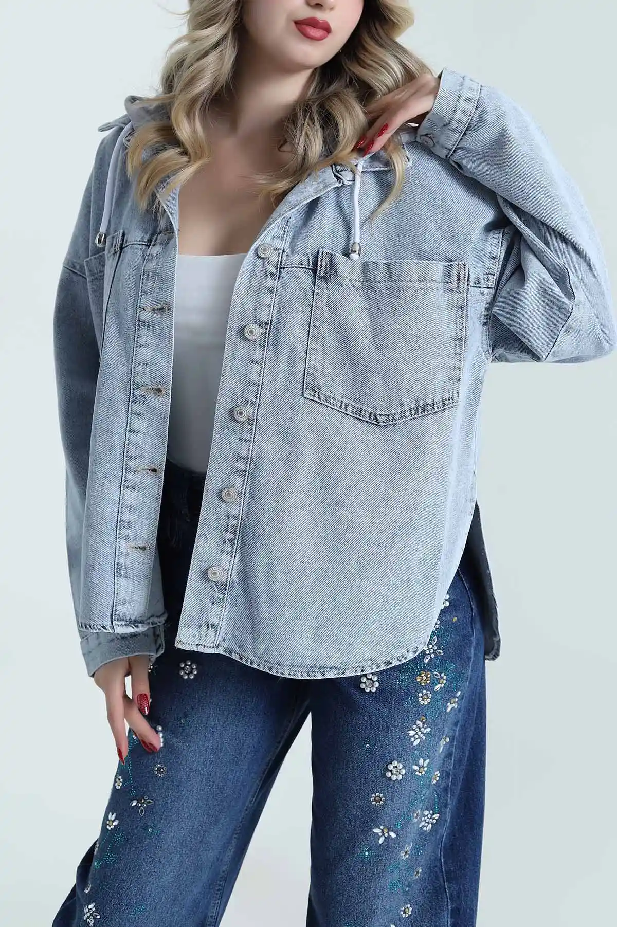 Kar Yıkama Oversize Kapşonlu Kadın Kot Ceket 480965