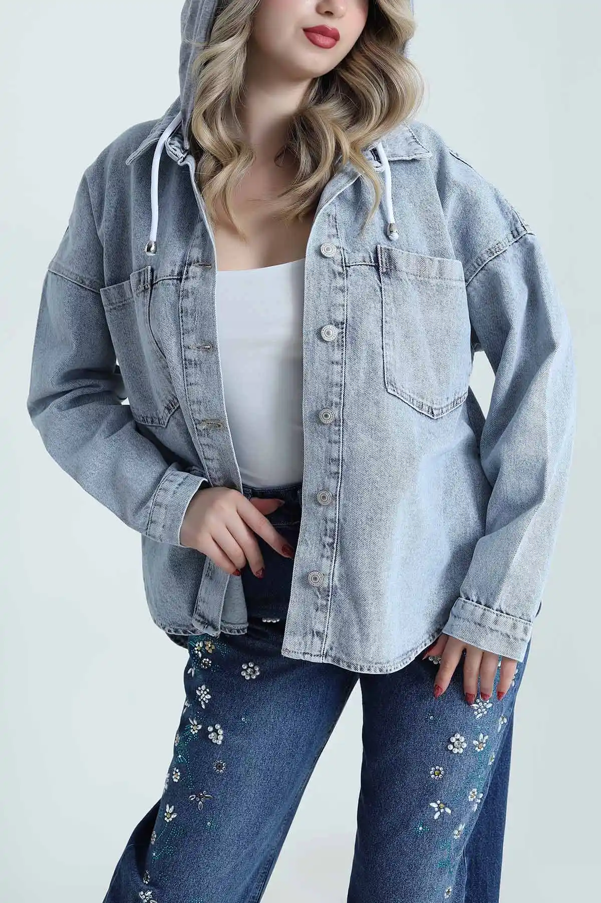 Kar Yıkama Oversize Kapşonlu Kadın Kot Ceket 480965