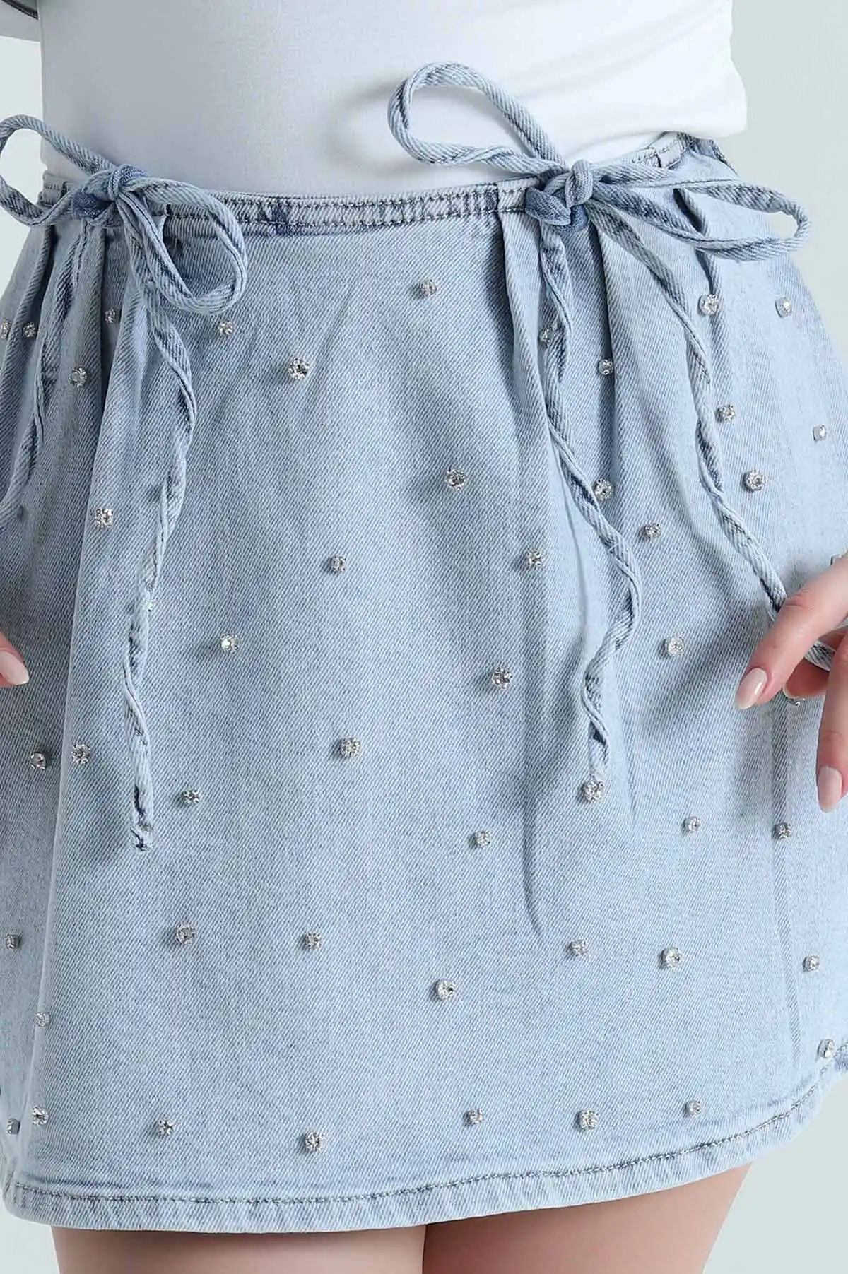 Kar Yıkama Taşlı Fermuarlı Kadın Kot Etek 465476