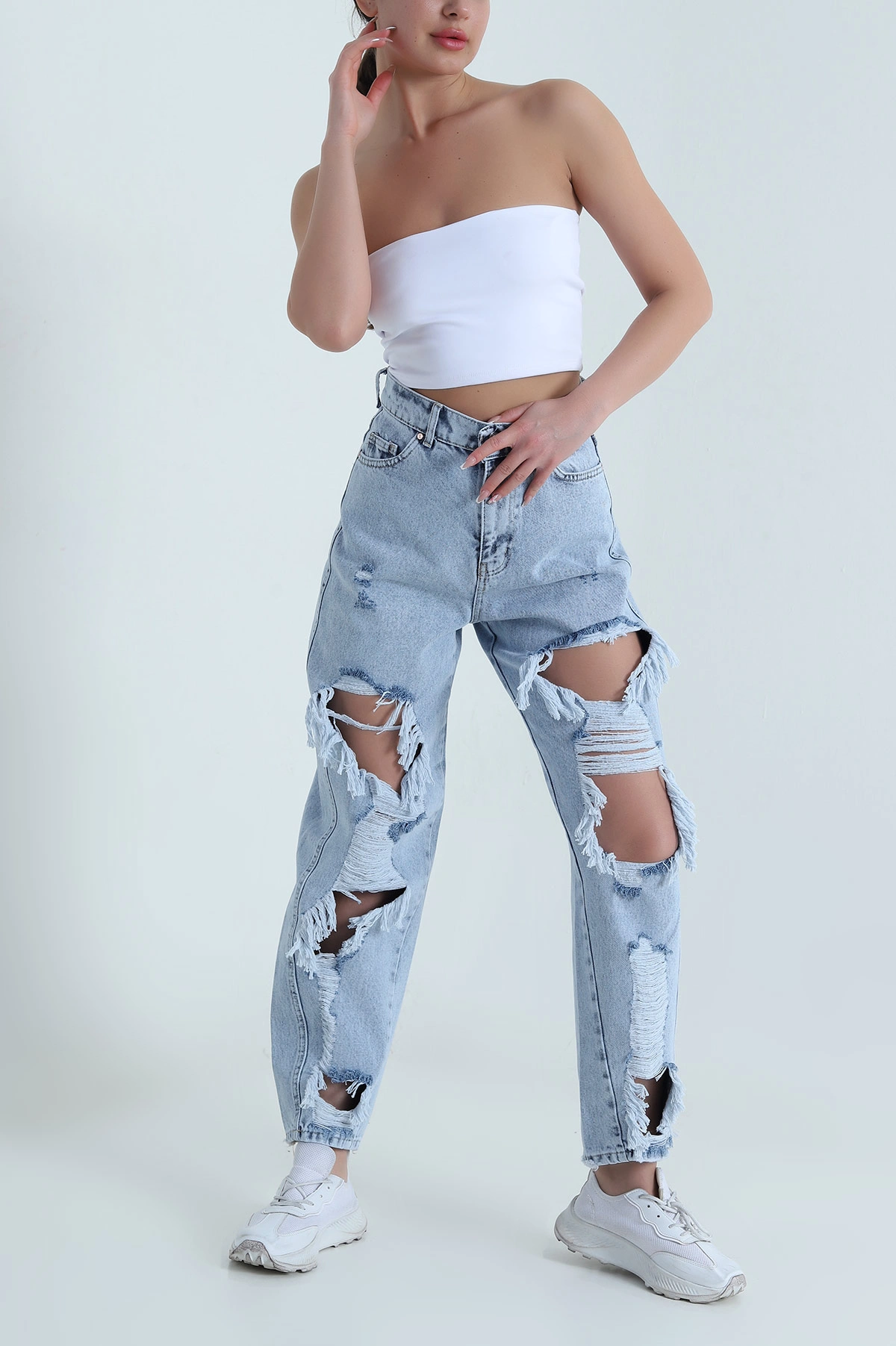 Kar Yıkama Yırtık Tasarım Baggy Kadın Kot Pantolon 459185