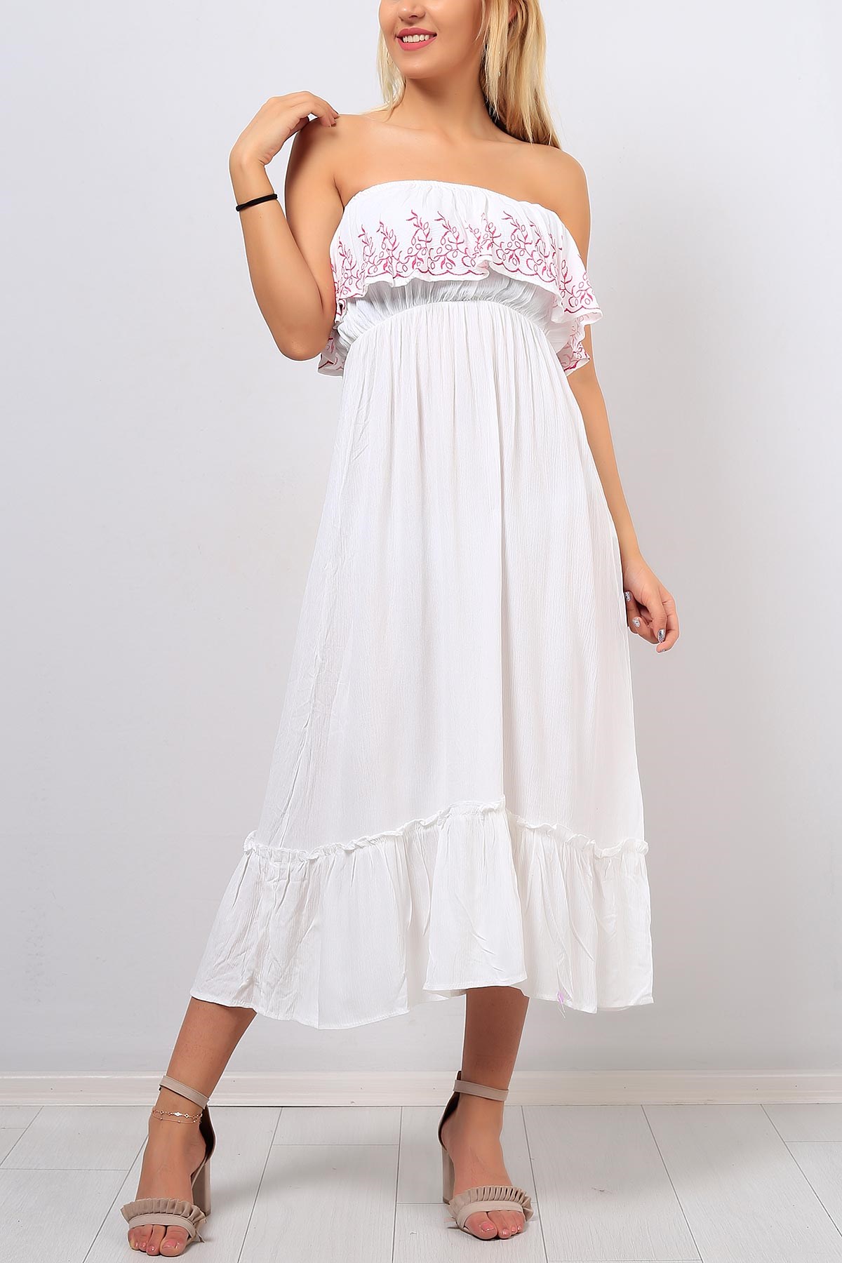 Kayık Yaka Desenli Beyaz Bayan Elbise 8402B
