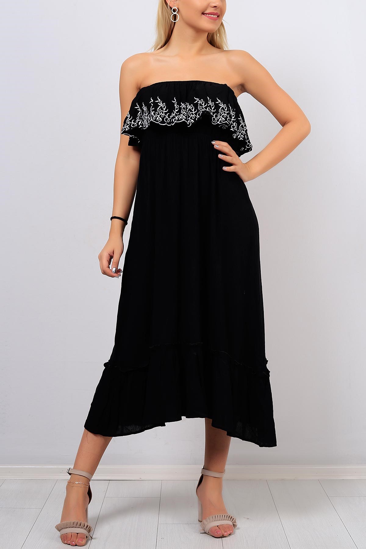 Kayık Yaka Desenli Siyah Bayan Elbise 8403B