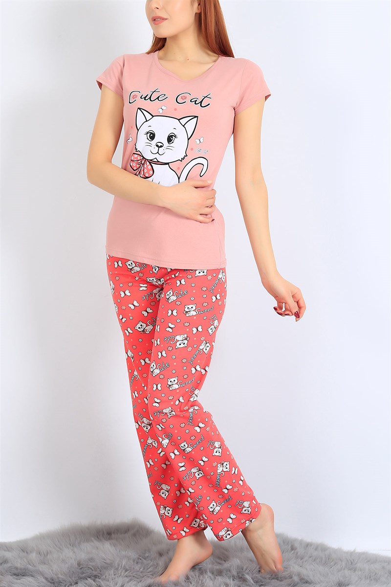 Kedi Baskılı Kırmızı Pudra Pijama Takımı 25506B