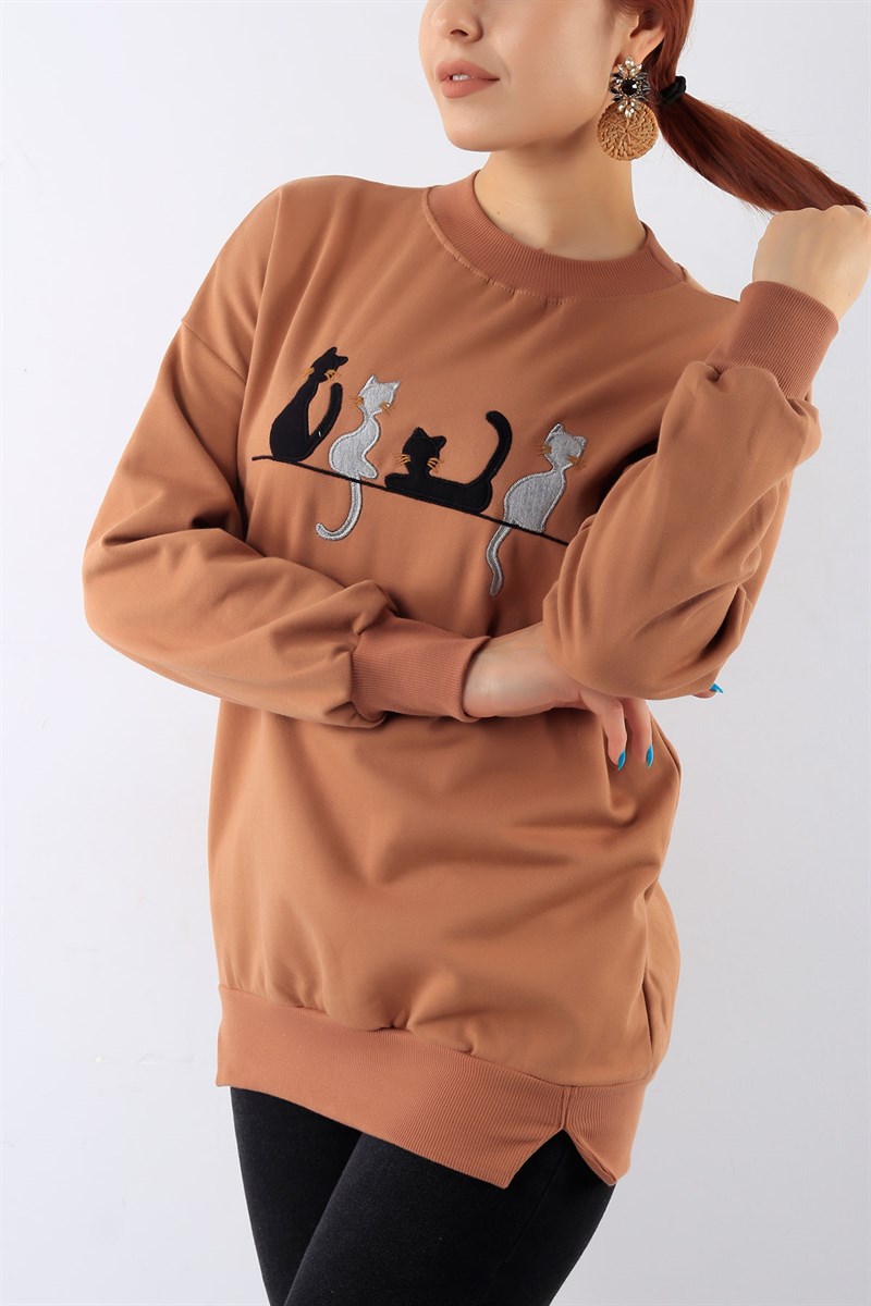 Kedi İşlemeli Taba Bayan Sweat 20100B