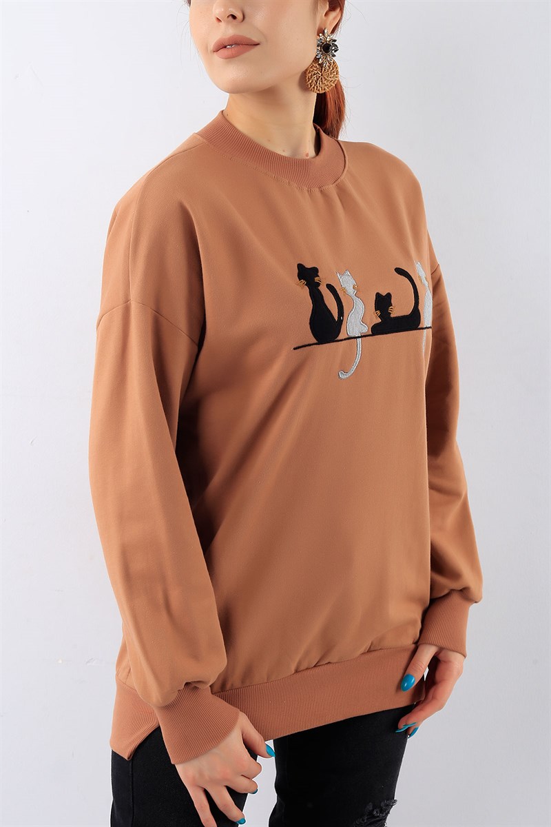 Kedi İşlemeli Taba Bayan Sweat 20100B